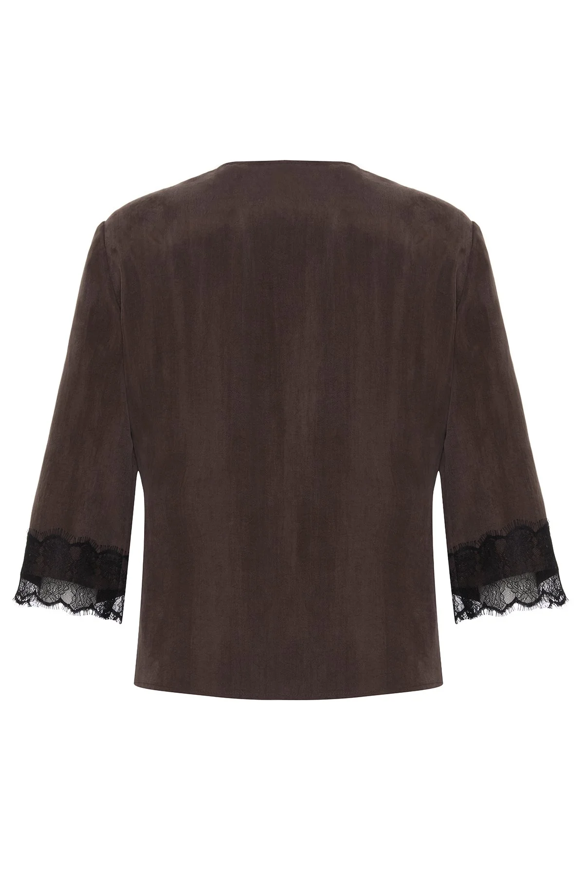 V Yaka Dantel Detaylı Turvakar Kollu Bluz Kahve - 6