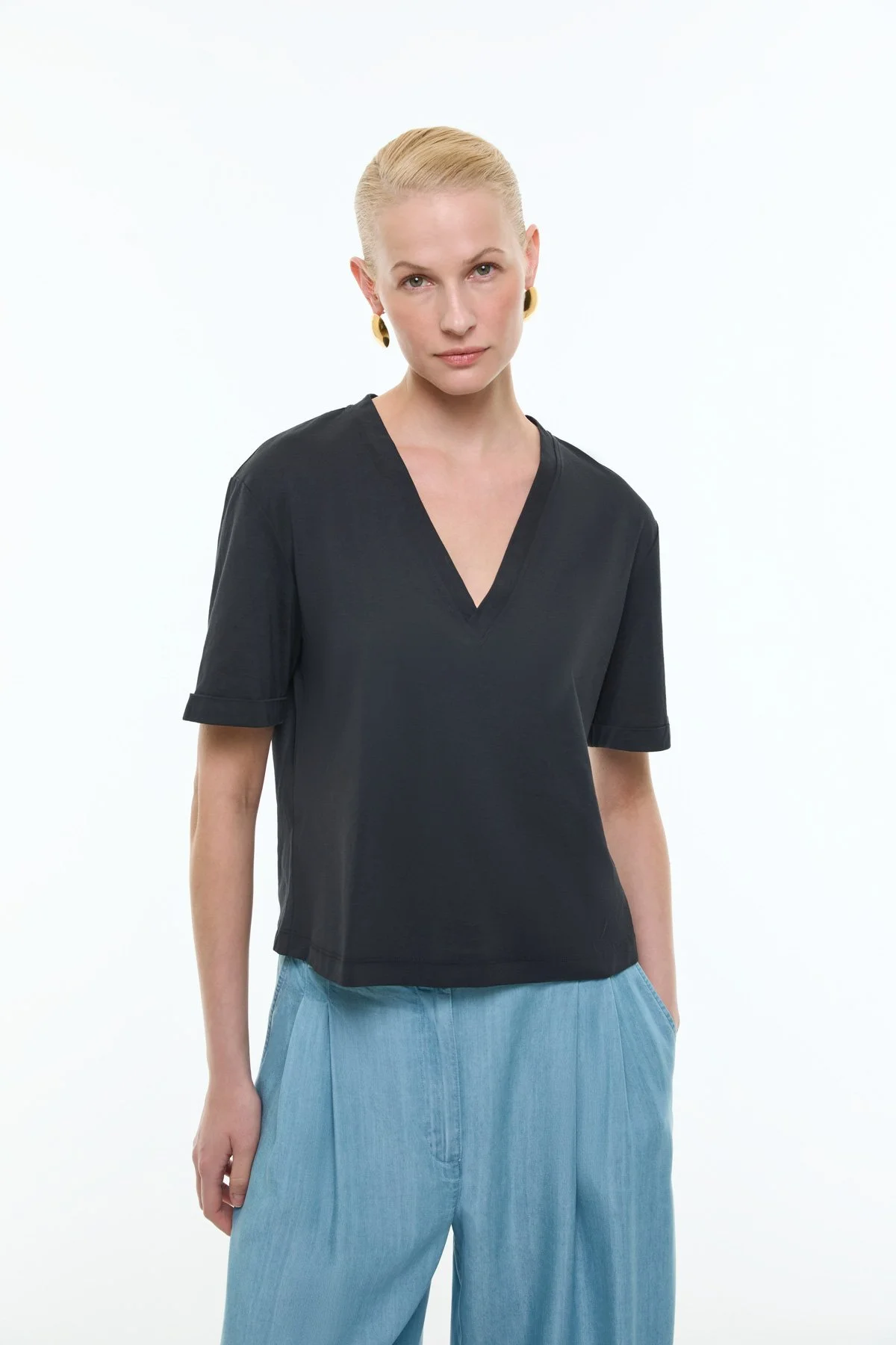 V Yaka Double Kısa Kol T-shirt Siyah - 1