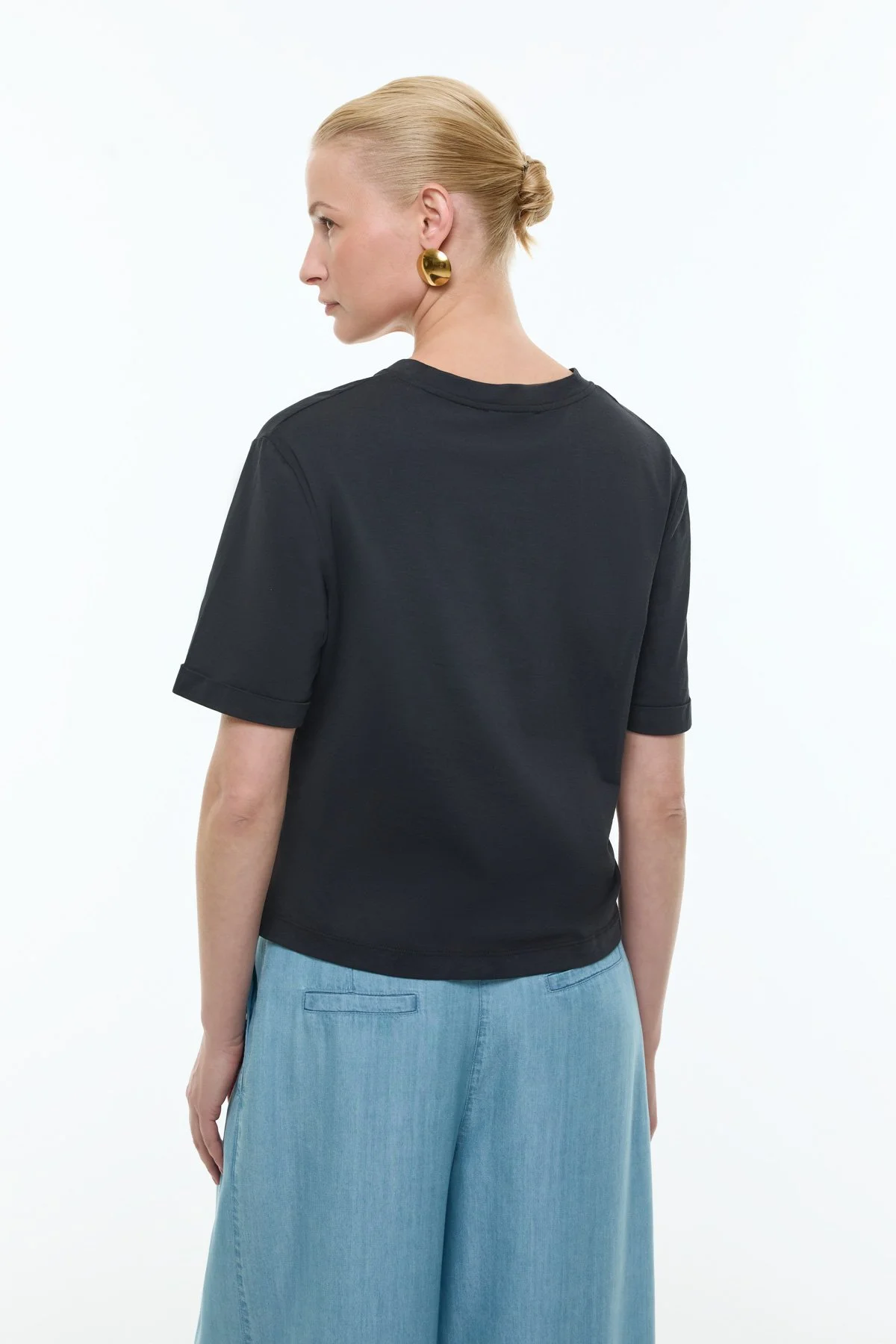 V Yaka Double Kısa Kol T-shirt Siyah - 2