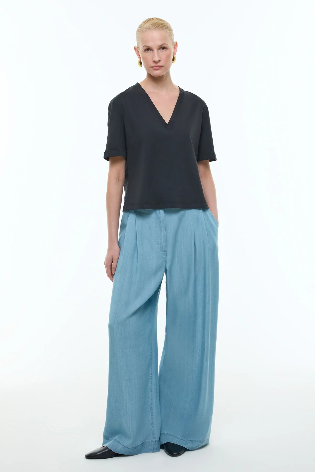 V Yaka Double Kısa Kol T-shirt Siyah - 3