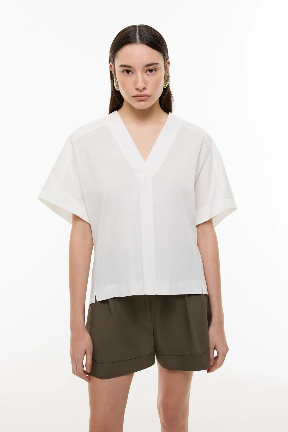 V Yaka Düşük Omuz T-shirt Ekru - 1