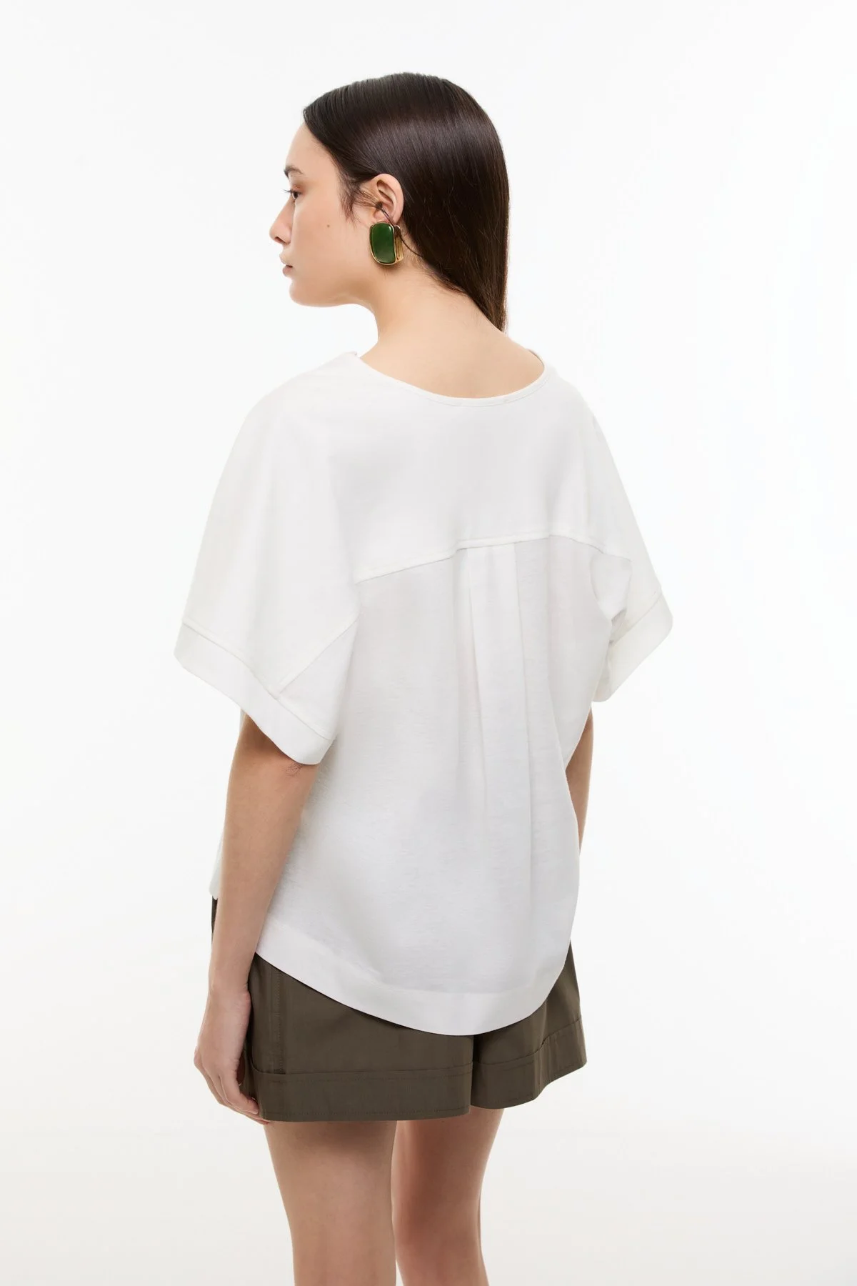 V Yaka Düşük Omuz T-shirt Ekru - 2