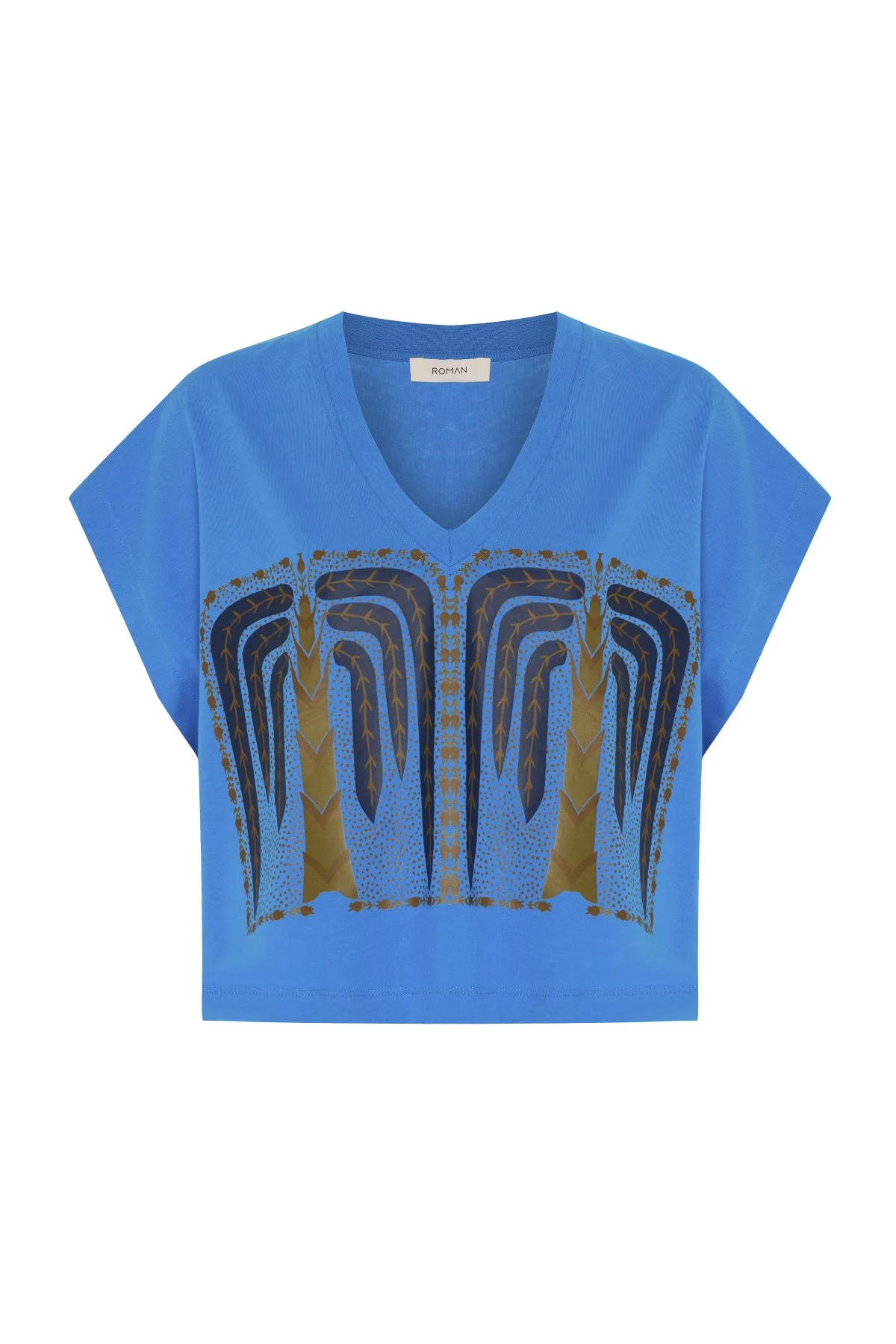 V Yaka Düşük Omuzlu T-shirt Turkuaz - 5