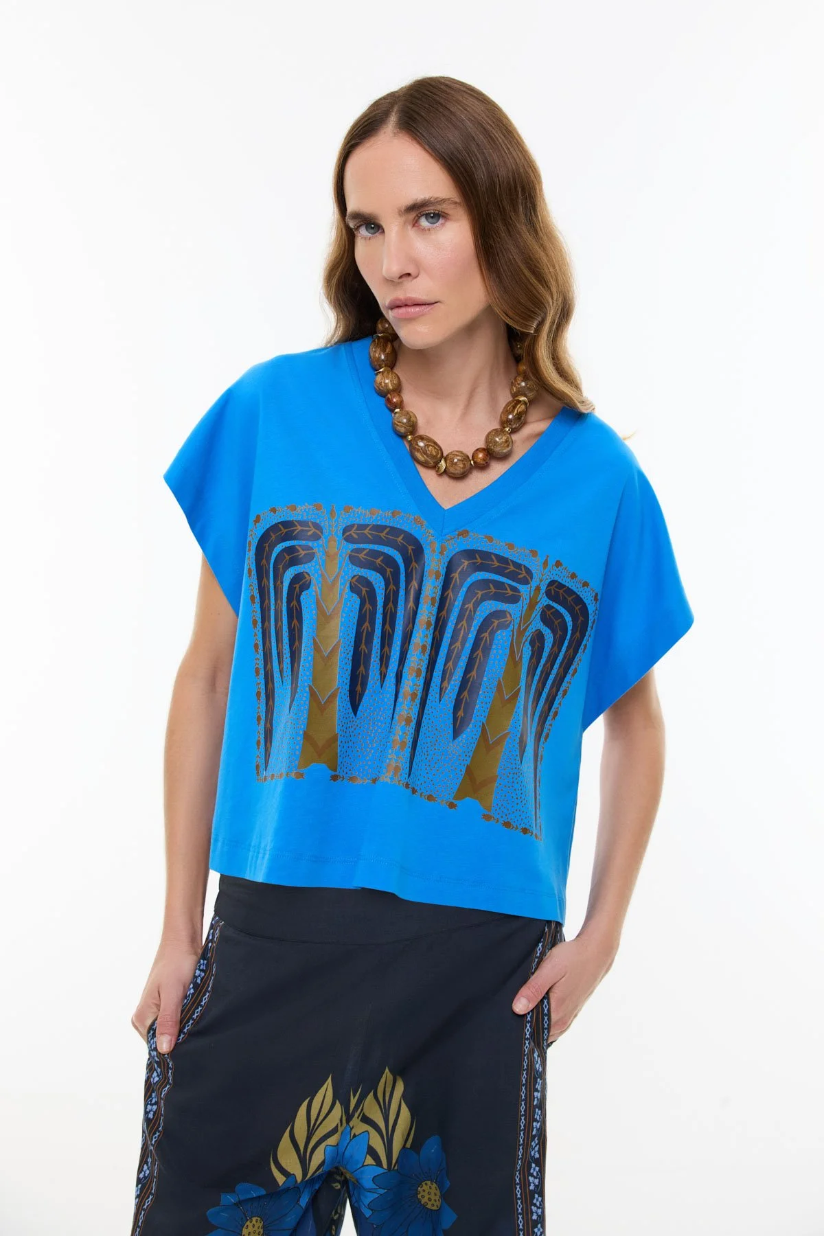 V Yaka Düşük Omuzlu T-shirt Turkuaz - 3