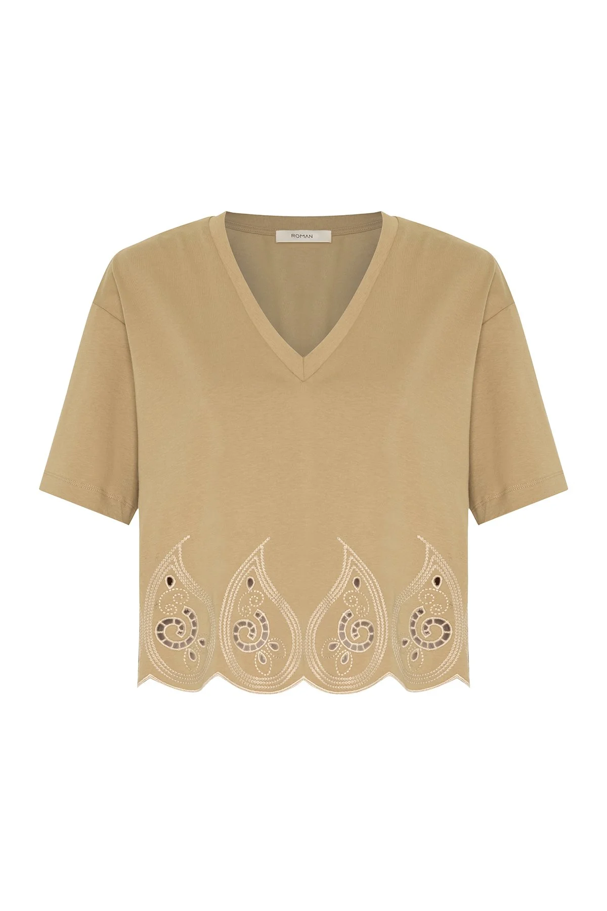 V Yaka Embrode Nakışlı T-shirt Kahve - 4