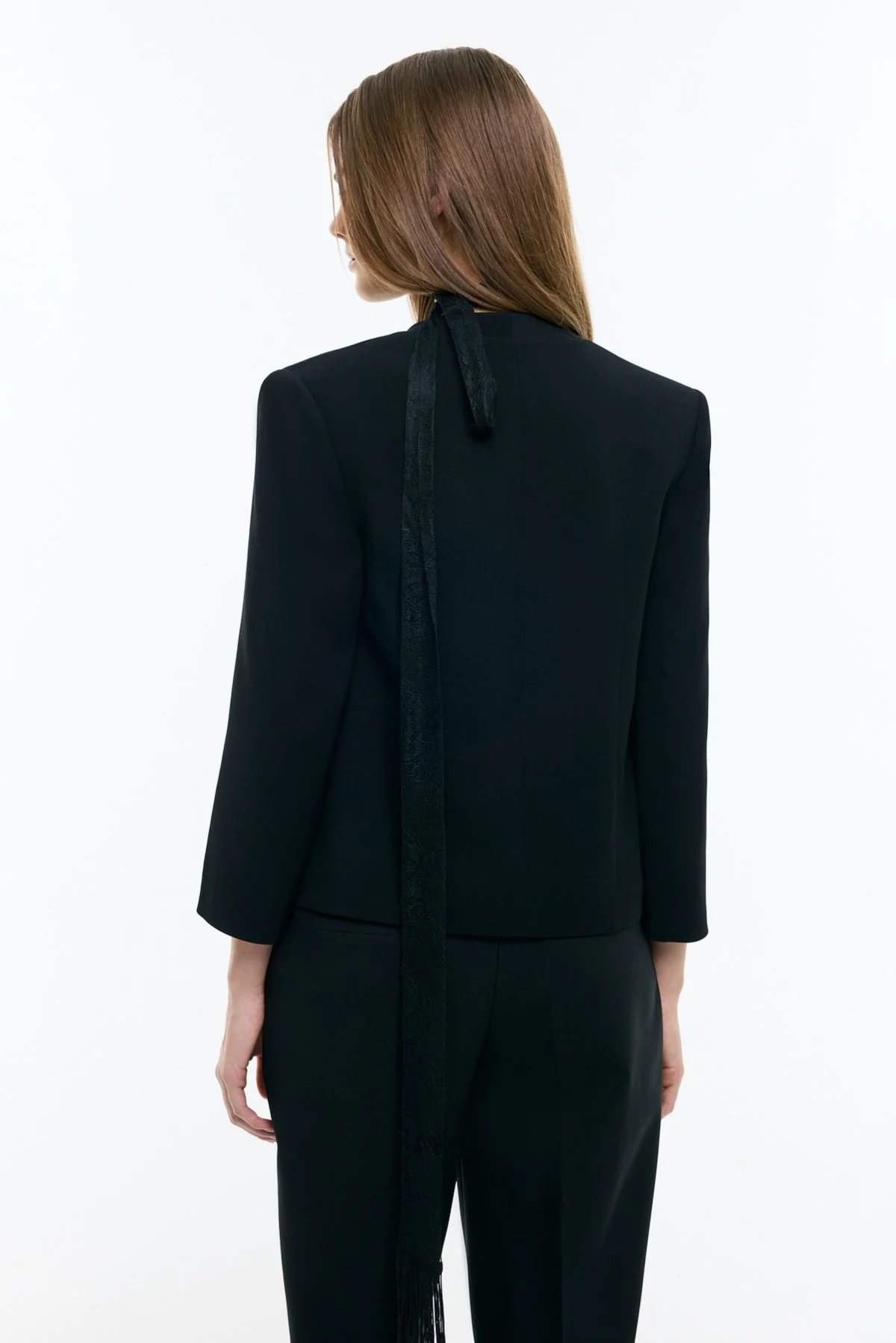 V Yaka Fular Detaylı Ceket Siyah - 2