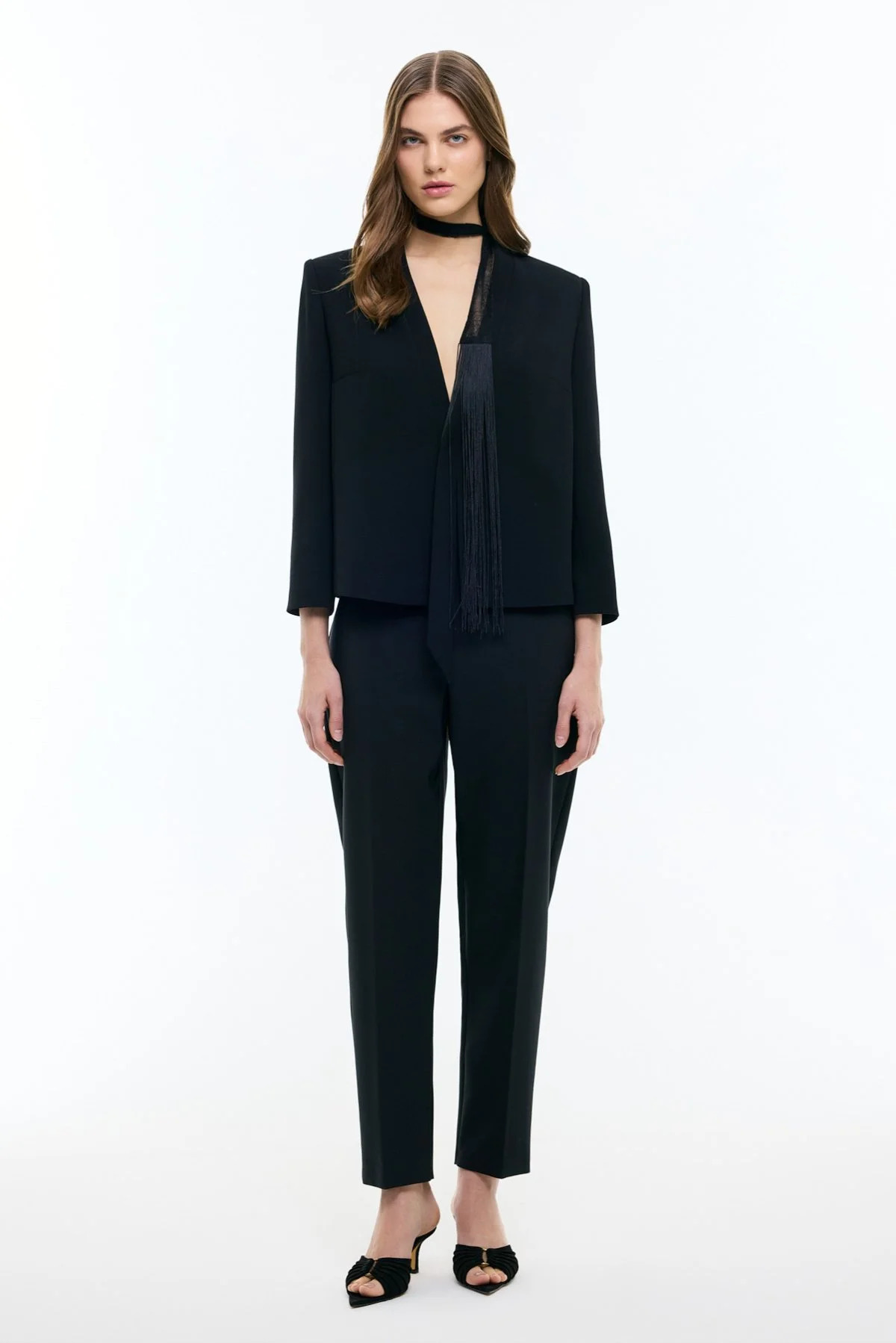 V Yaka Fular Detaylı Ceket Siyah - 3