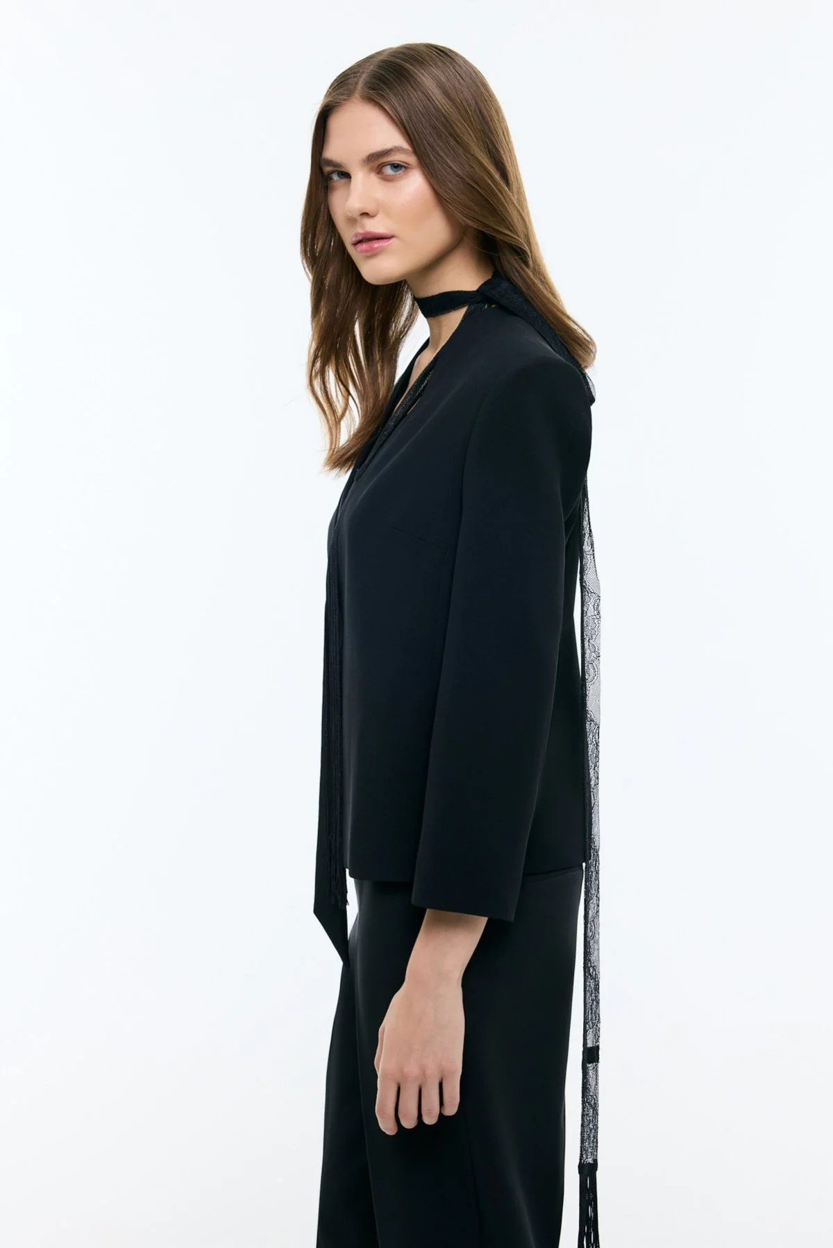 V Yaka Fular Detaylı Ceket Siyah - 4