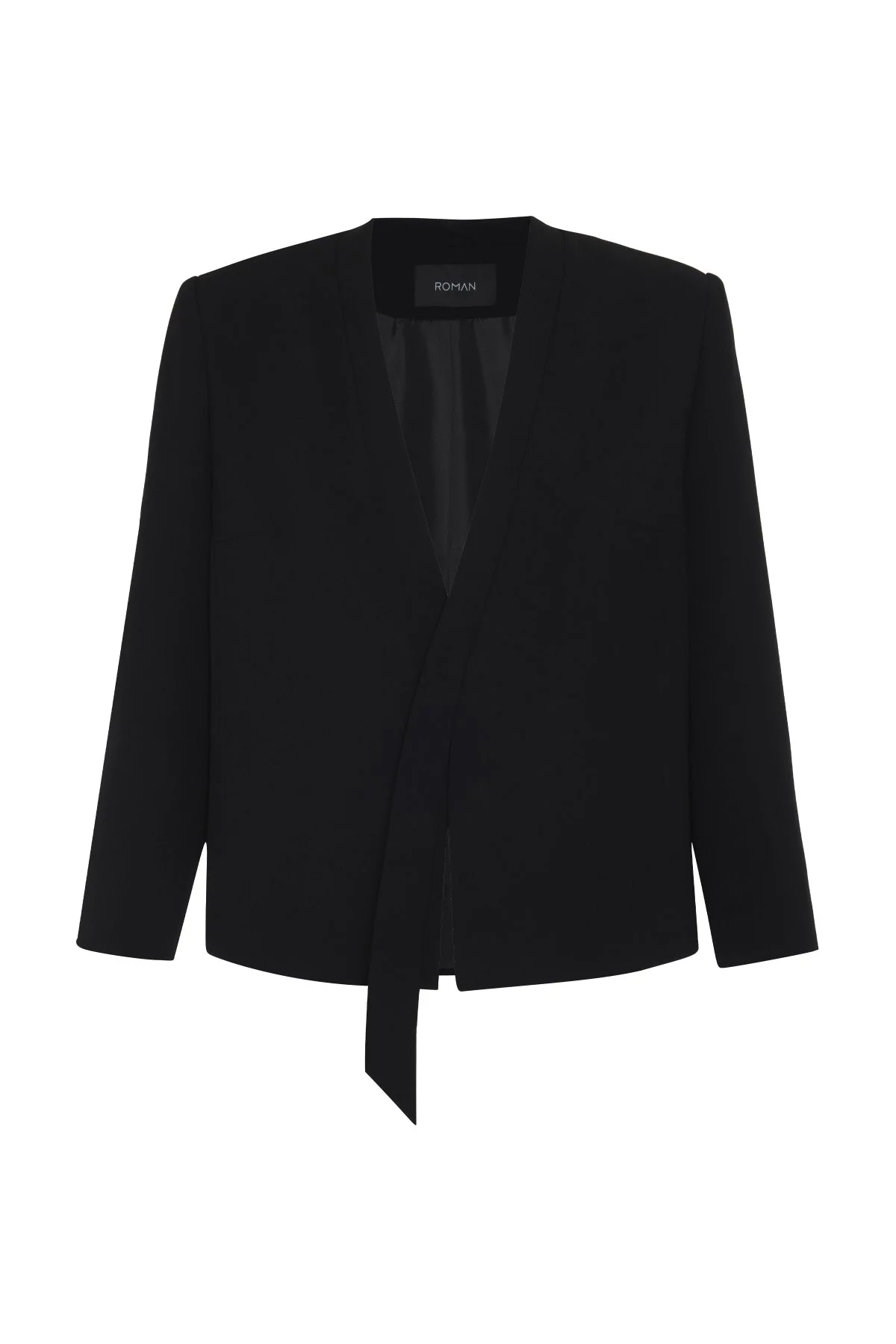 V Yaka Fular Detaylı Ceket Siyah - 5