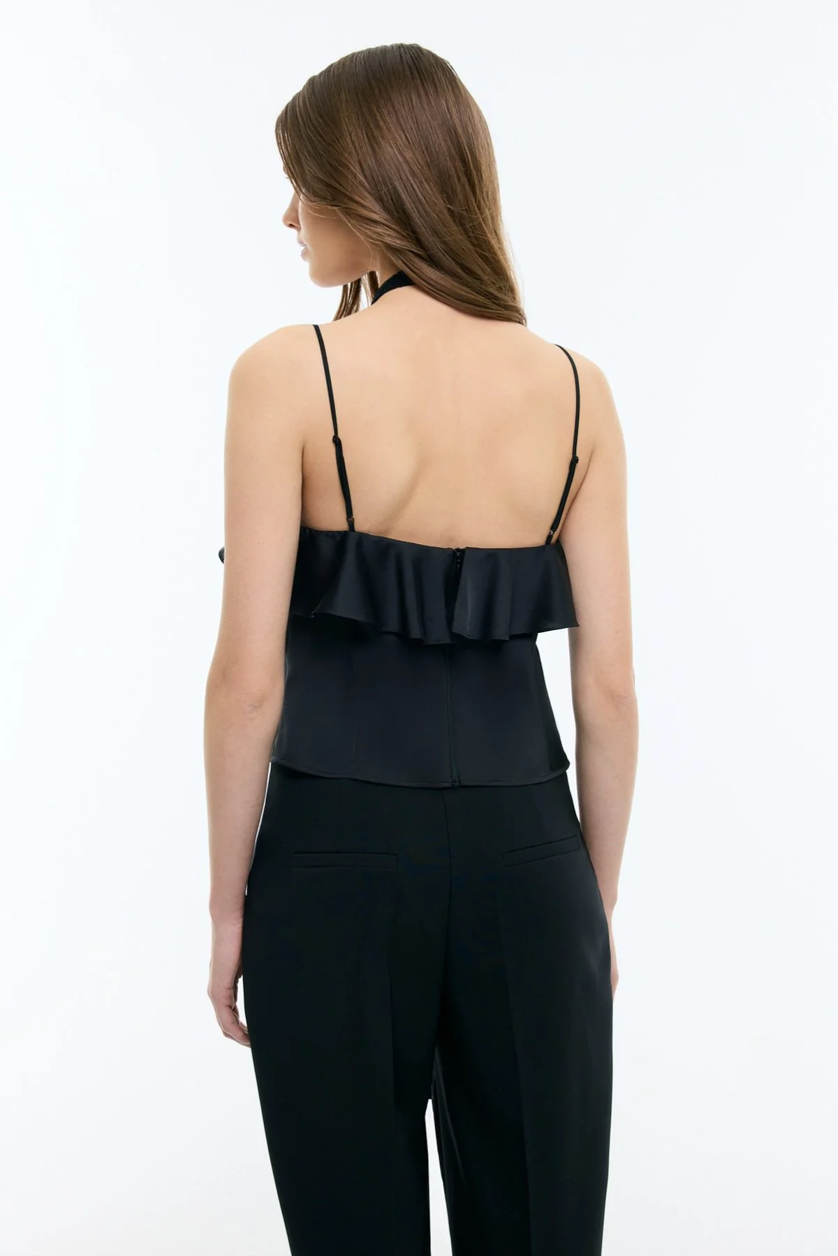 V Yaka İnce Askılı Volan Detaylı Bluz Siyah - 2