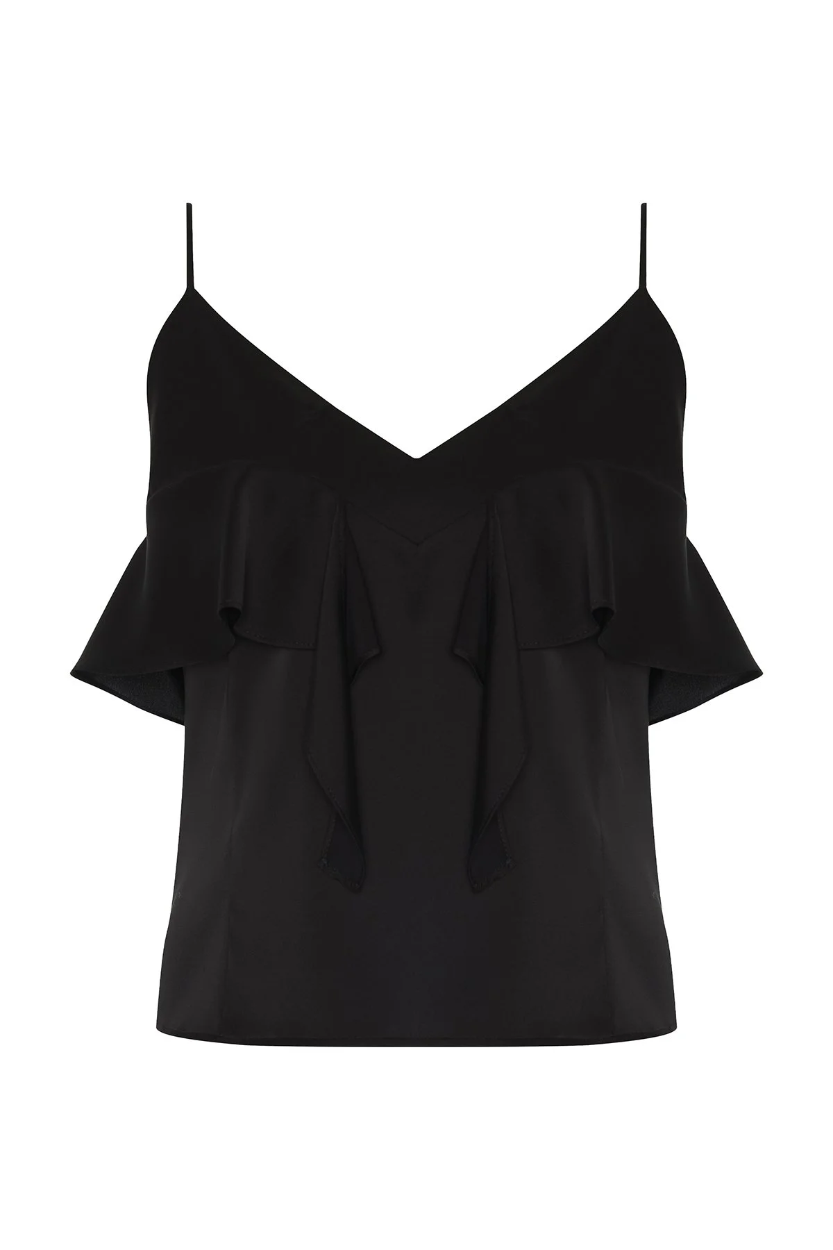 V Yaka İnce Askılı Volan Detaylı Bluz Siyah - 4