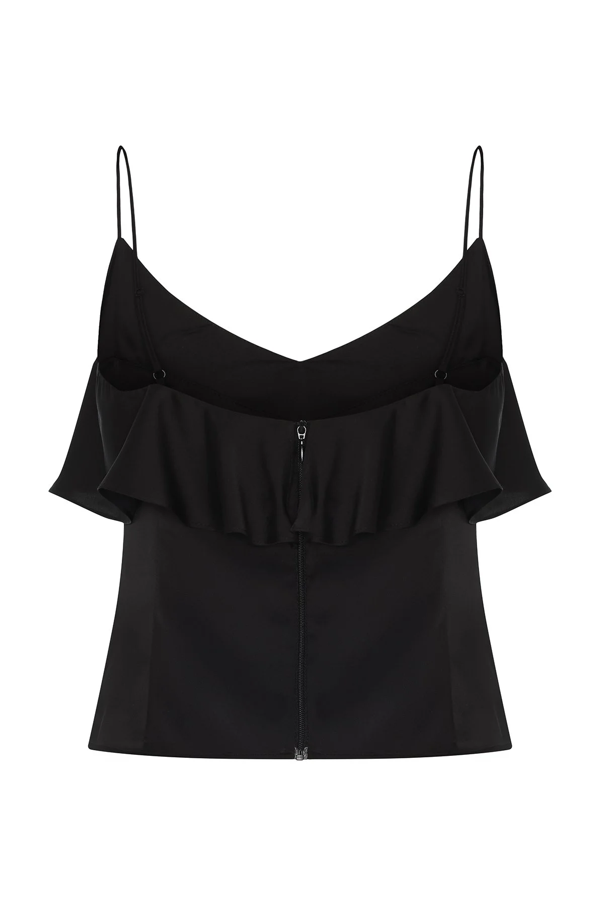 V Yaka İnce Askılı Volan Detaylı Bluz Siyah - 5