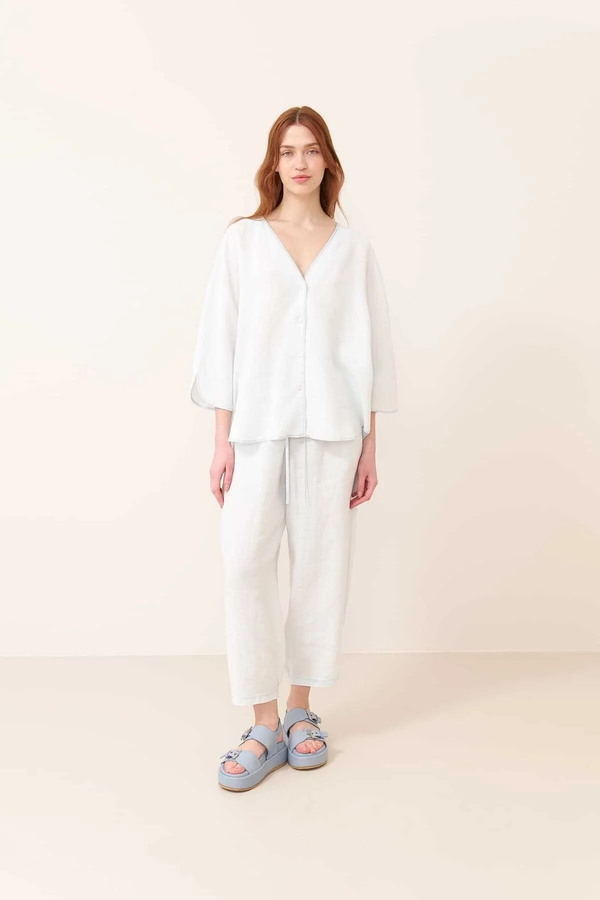 V Yaka Keten Gömlek Standart Renk - 3