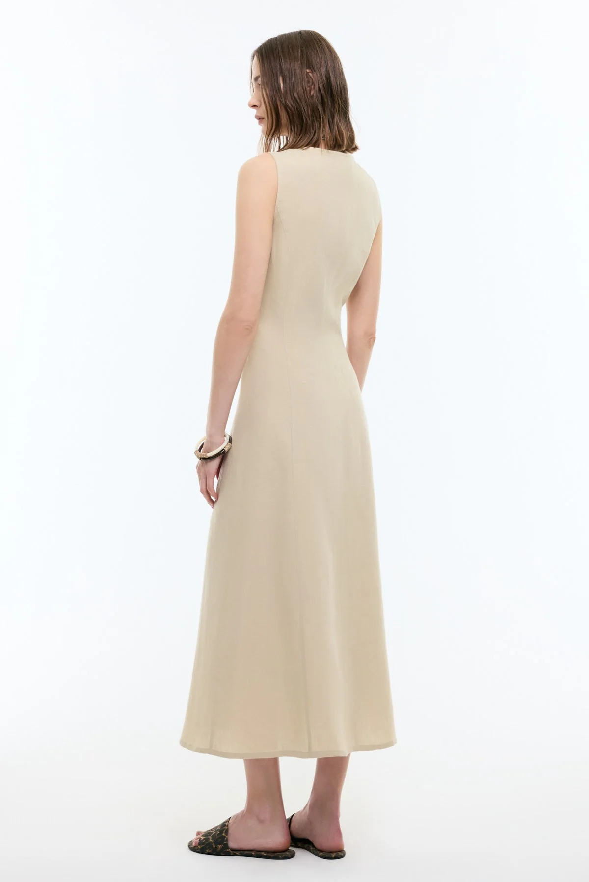 V Yaka Önü Düğmeli Kolsuz Keten Maksi Boy Elbise Bej - 2