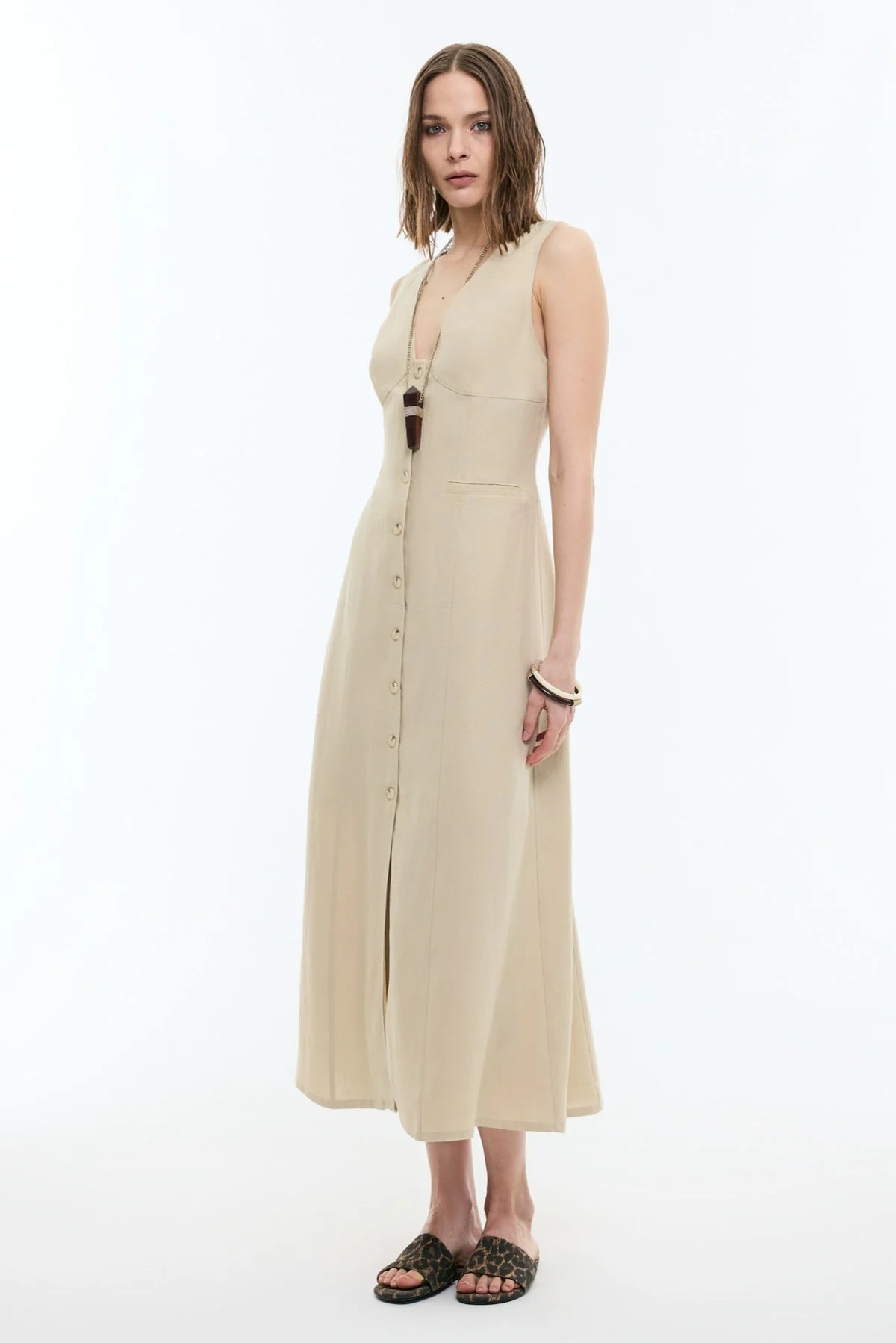 V Yaka Önü Düğmeli Kolsuz Keten Maksi Boy Elbise Bej - 4