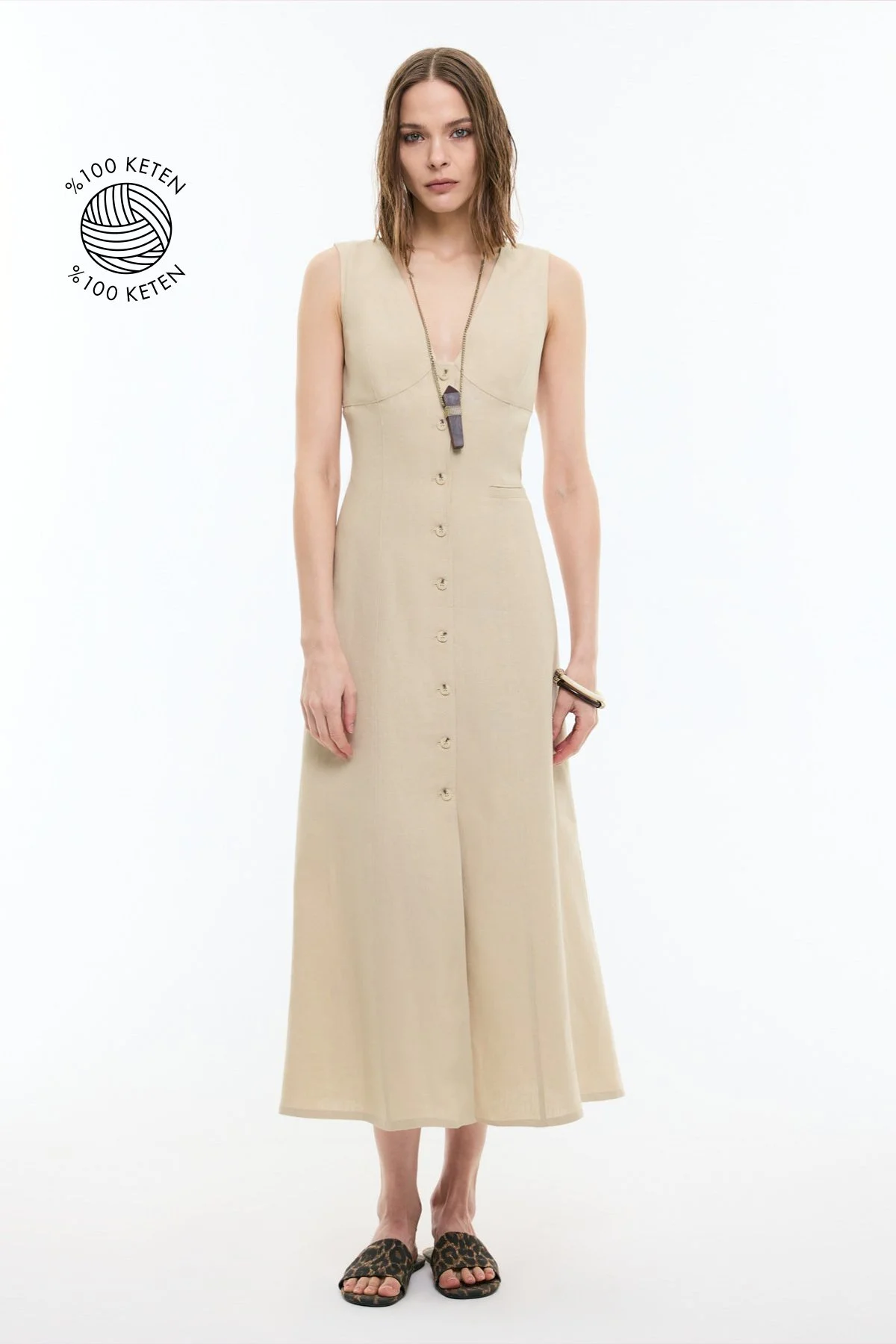 V Yaka Önü Düğmeli Kolsuz Keten Maksi Boy Elbise Bej - 1