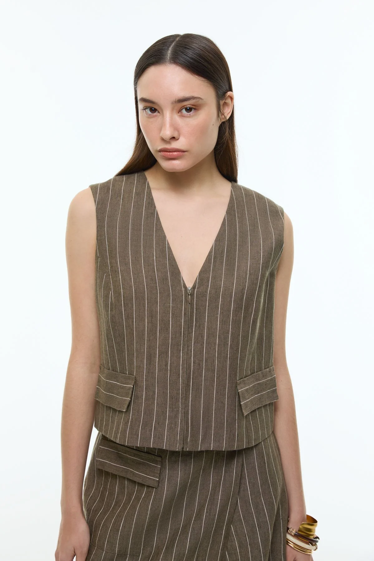 V Yaka Önü Fermuarlı Keten Yelek Haki - 1