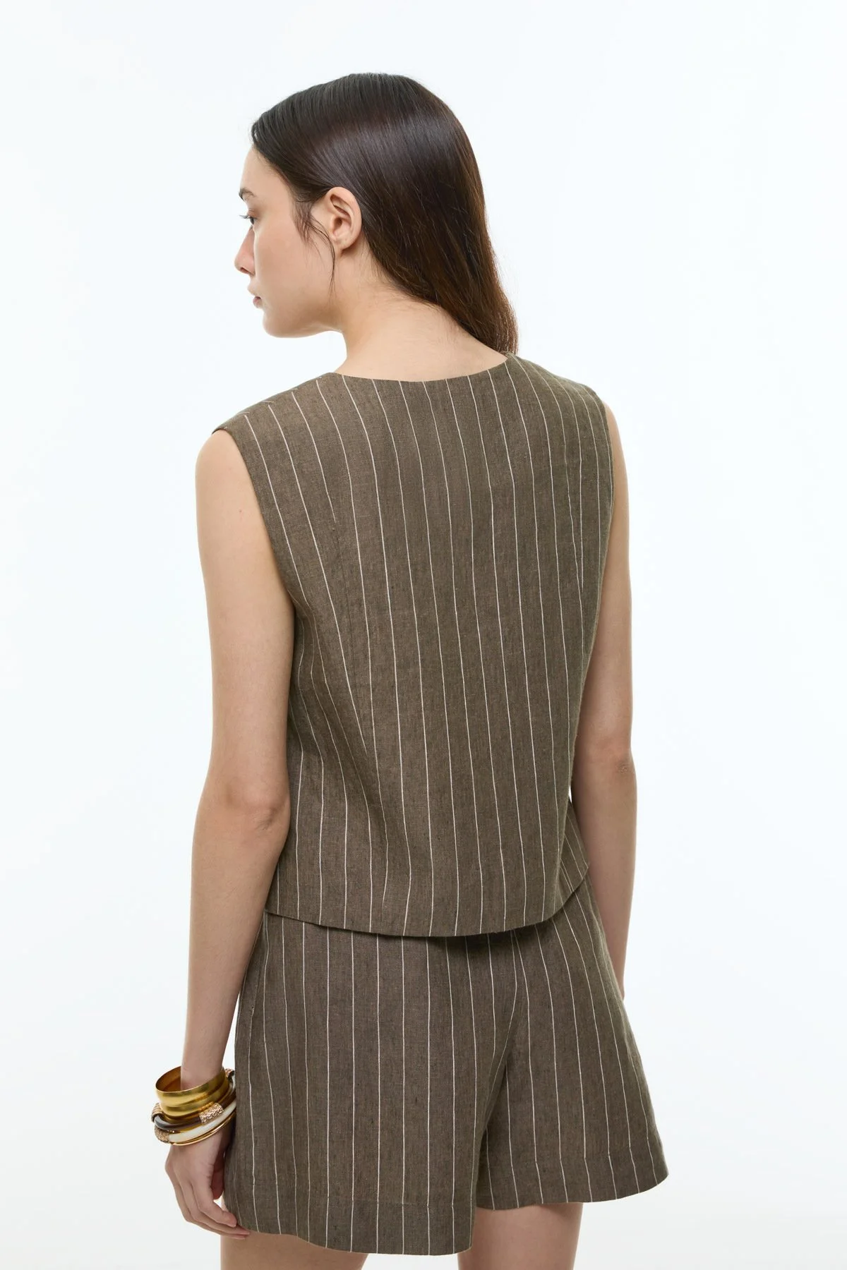 V Yaka Önü Fermuarlı Keten Yelek Haki - 2