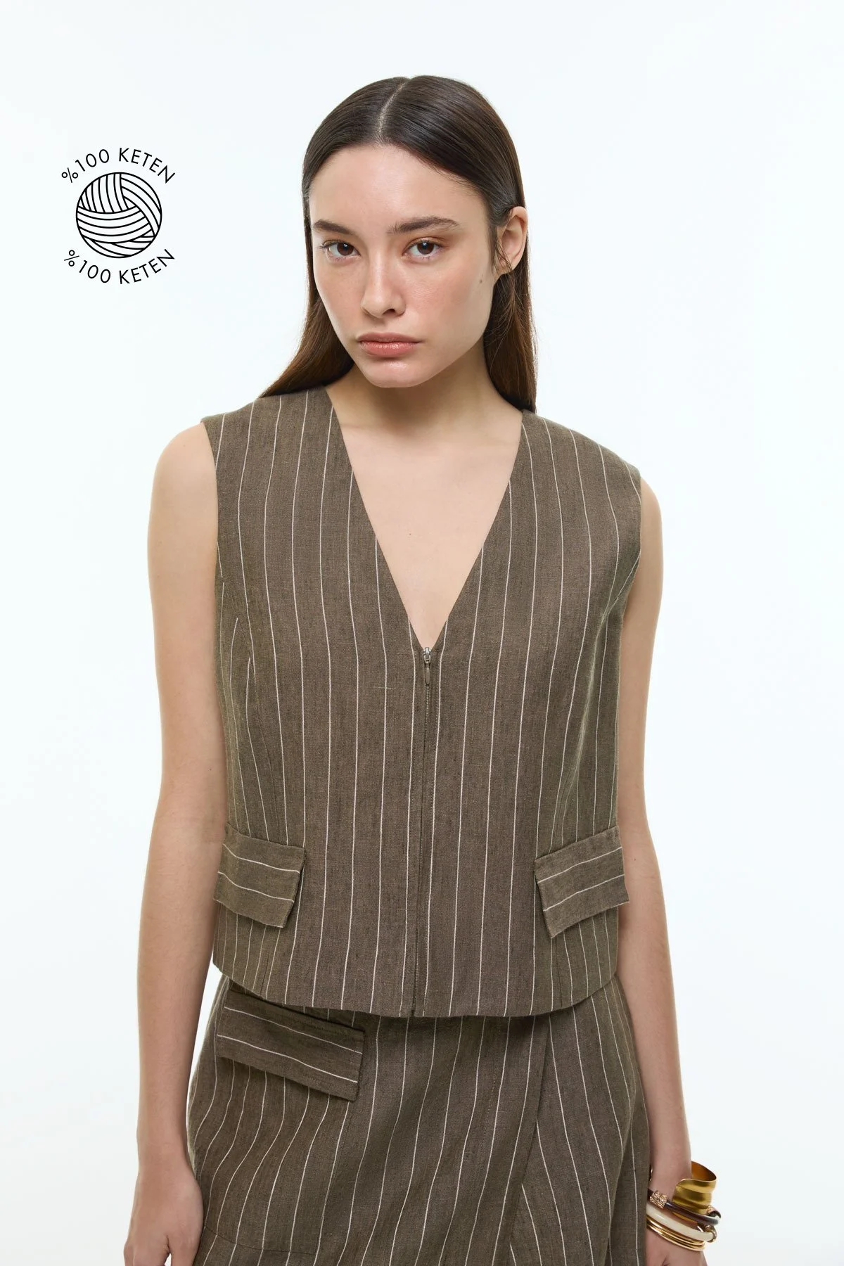 %100 Keten V Yaka Önü Fermuarlı Yelek Haki - 1