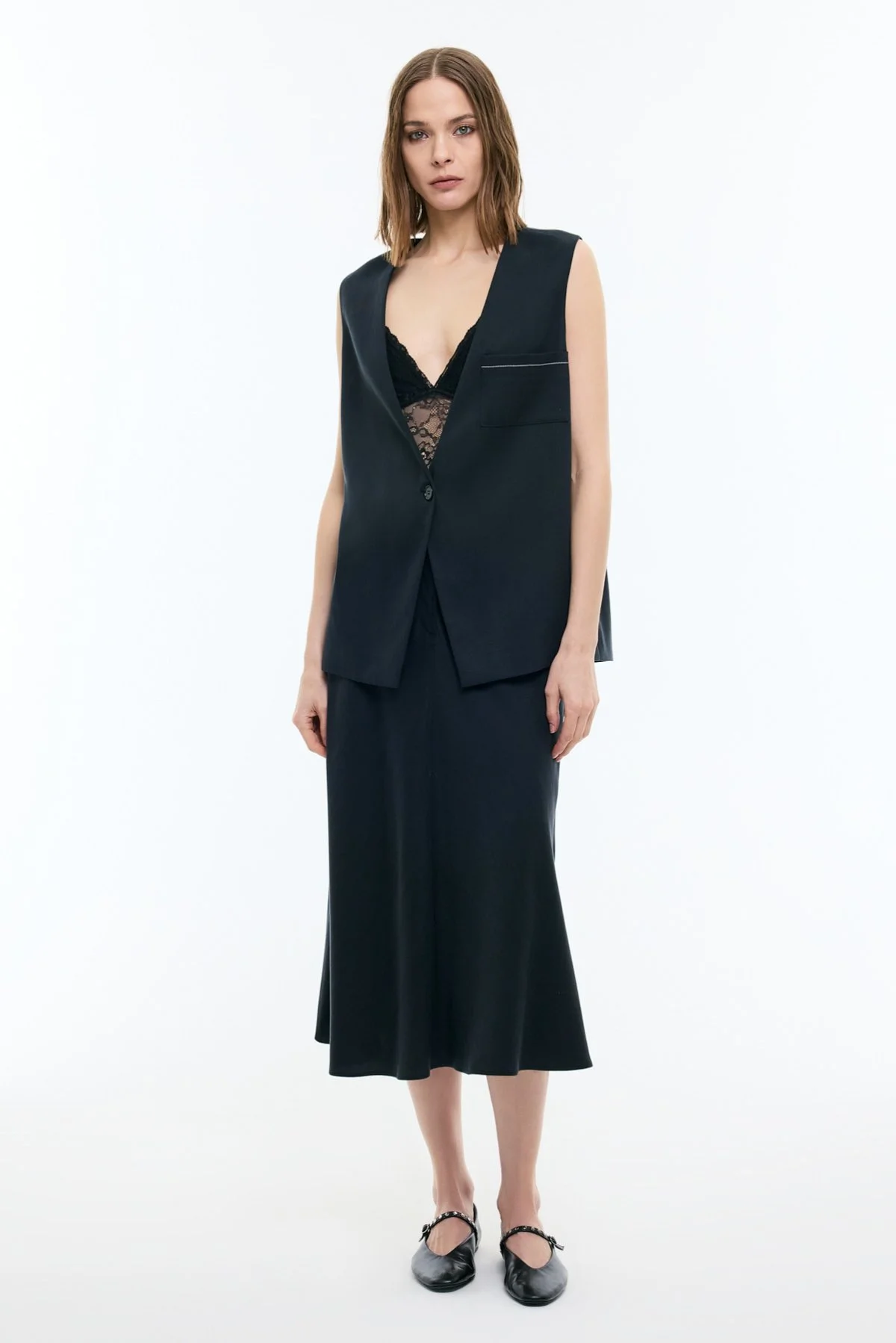 V Yaka Oversize Tek Düğmeli Yelek Lacivert - 3