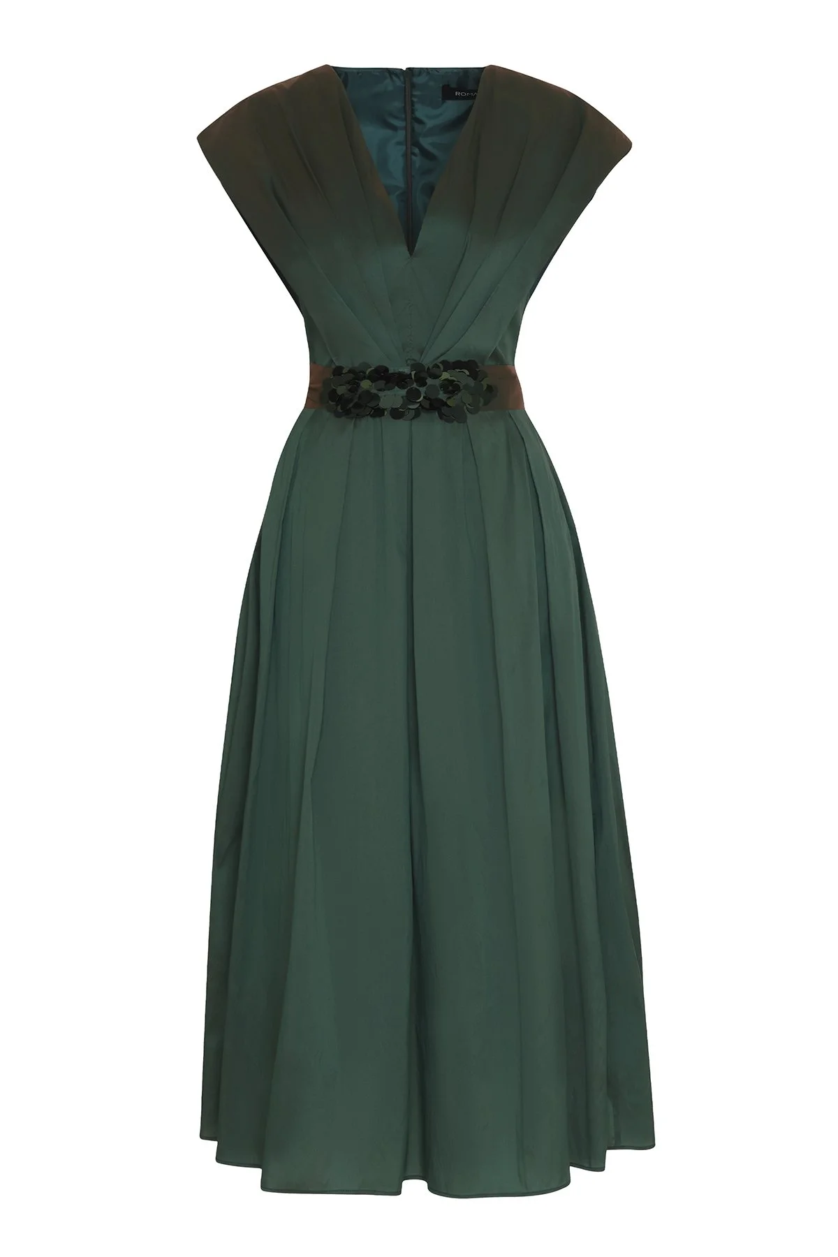 V Yaka Pileli Midi Boy Tafta Elbise Yeşil - 5