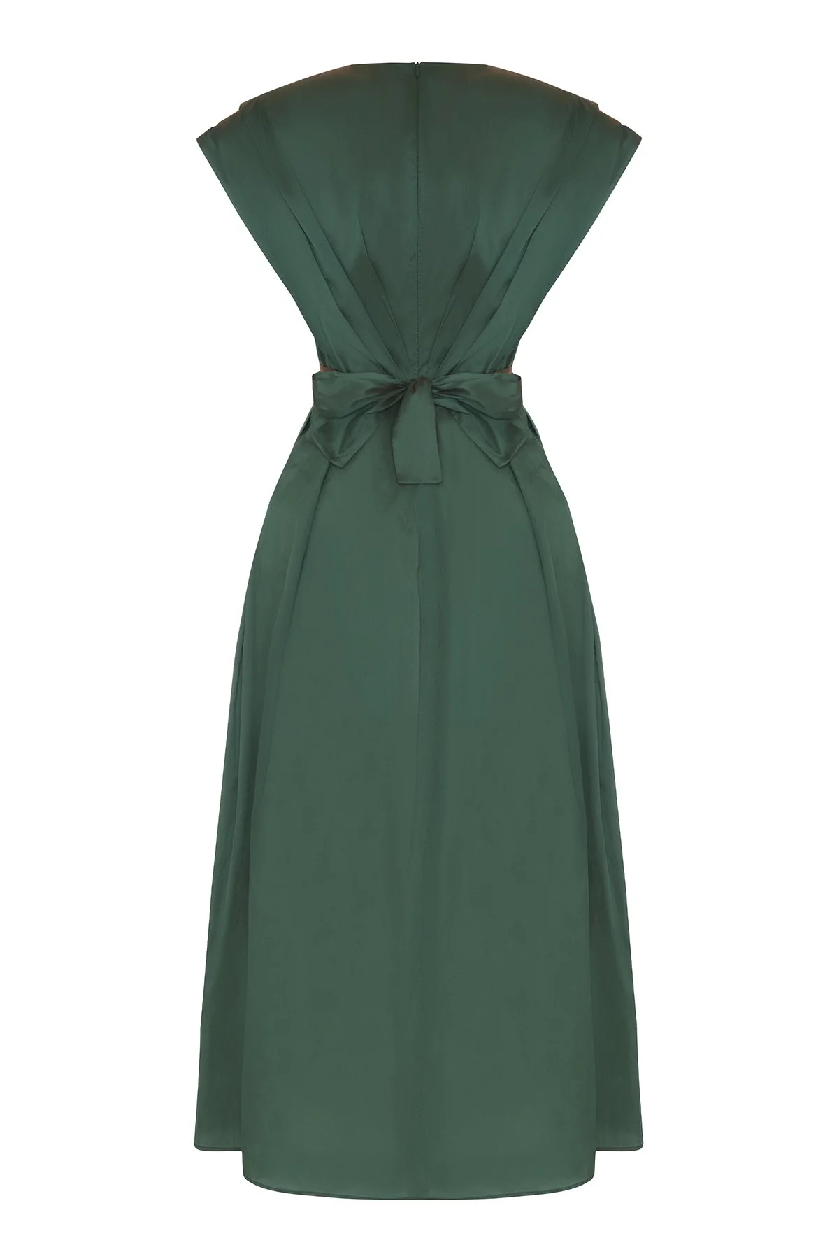 V Yaka Pileli Midi Boy Tafta Elbise Yeşil - 6