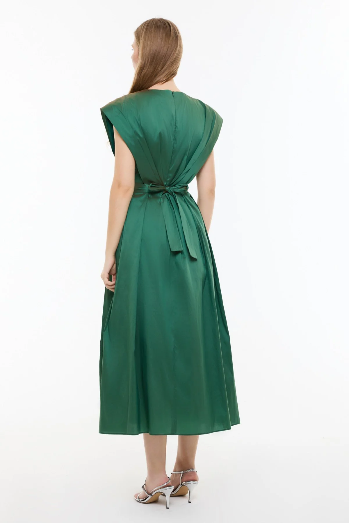 V Yaka Pileli Midi Boy Tafta Elbise Yeşil - 2