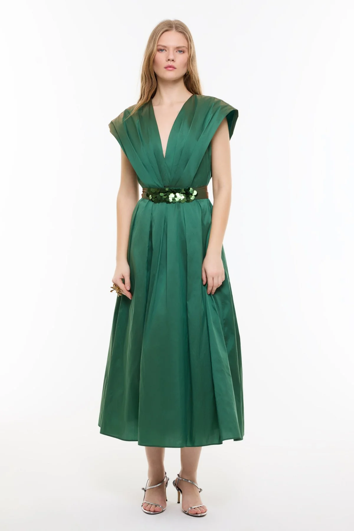 V Yaka Pileli Midi Boy Tafta Elbise Yeşil - 3