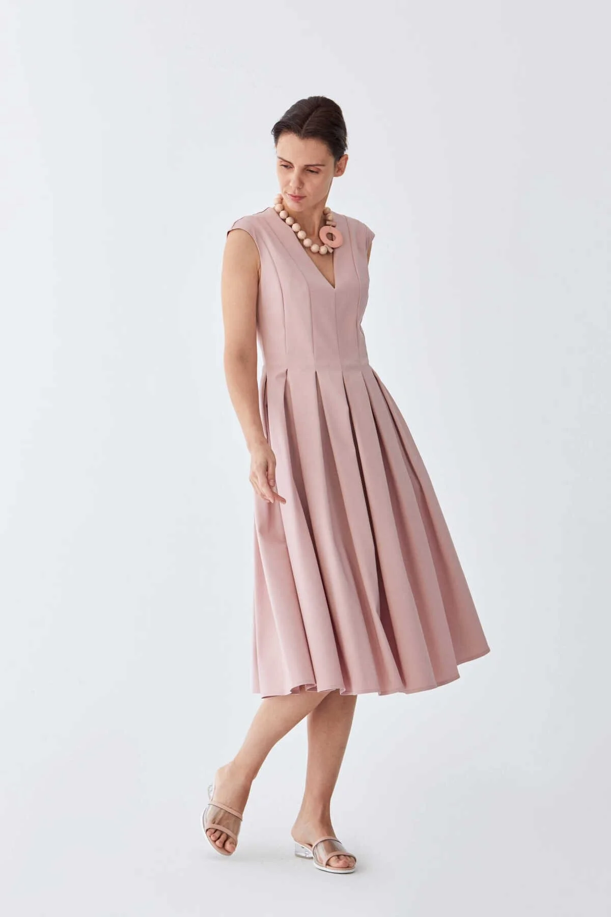 V Yaka Pileli Pudra Uzun Elbise Açık Pembe - 4
