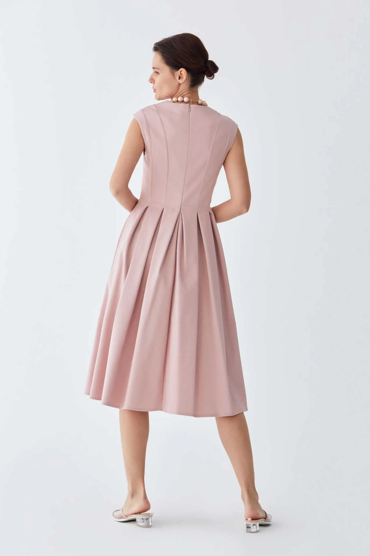 V Yaka Pileli Pudra Uzun Elbise Açık Pembe - 2