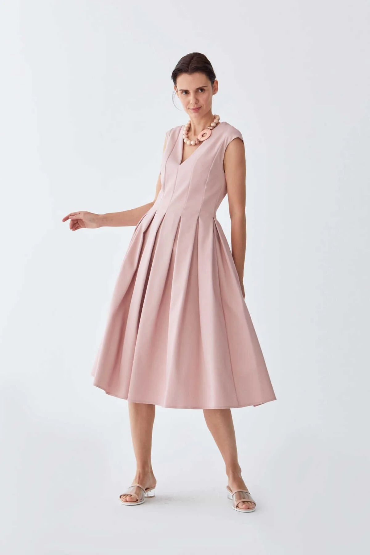 V Yaka Pileli Pudra Uzun Elbise Açık Pembe - 1