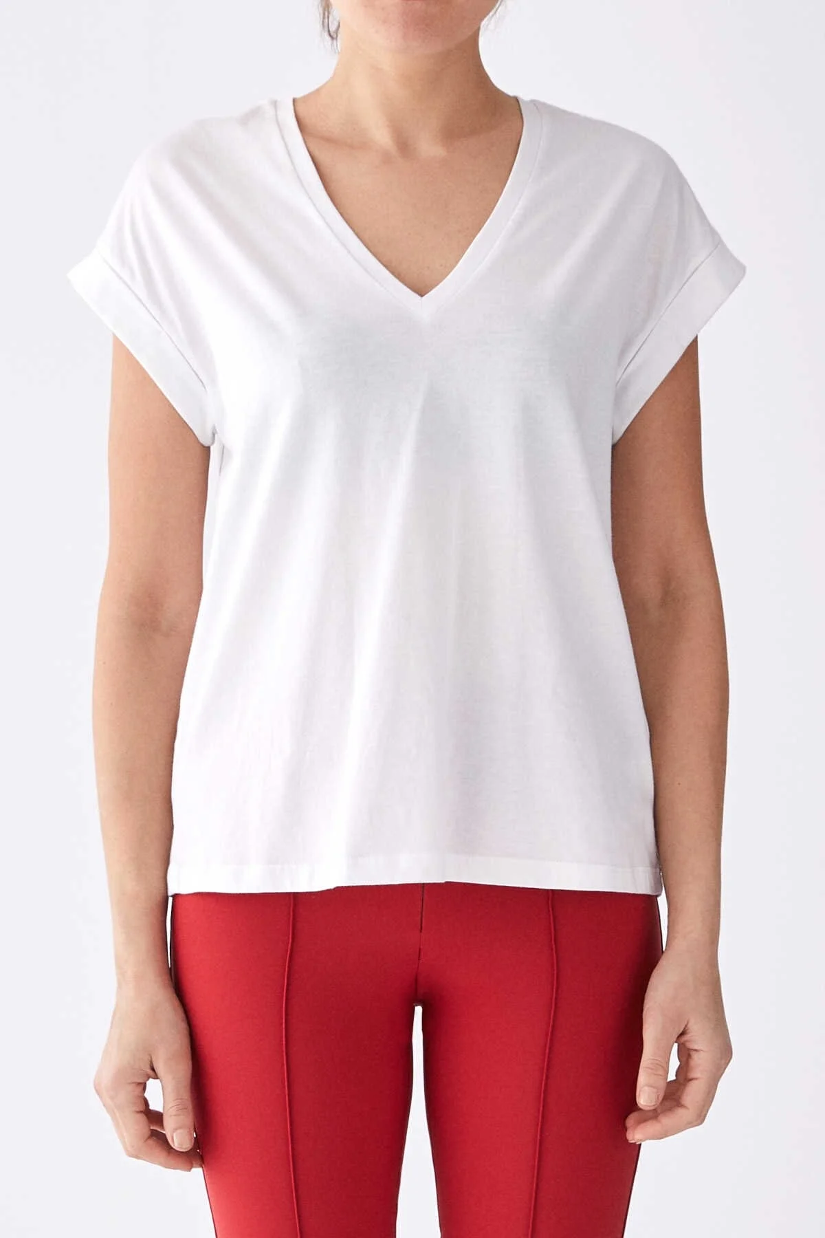 V Yaka T-Shırt Optik Beyaz - 1
