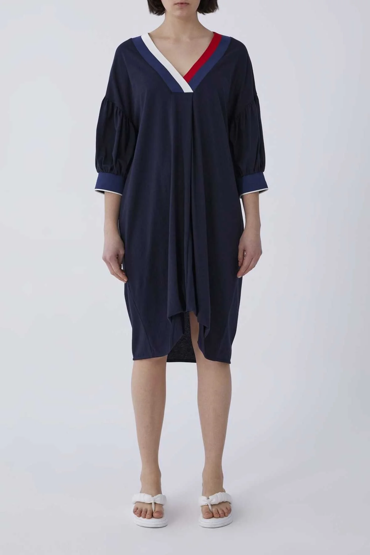 V Yaka Truvakar Kol Penye Elbise Lacivert - 1