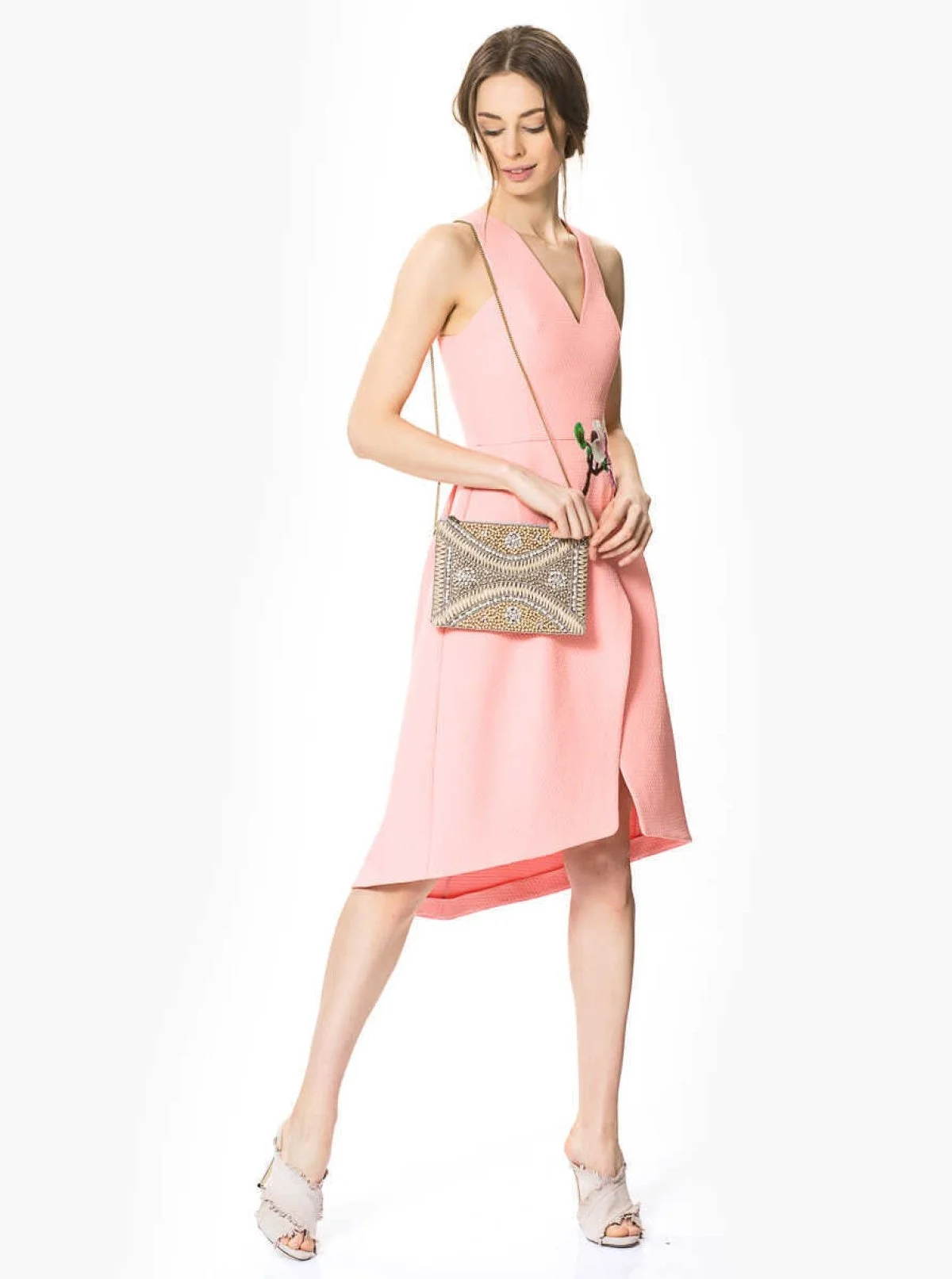 V Yakalı Aplikeli Abiye Elbise Pembe - 1