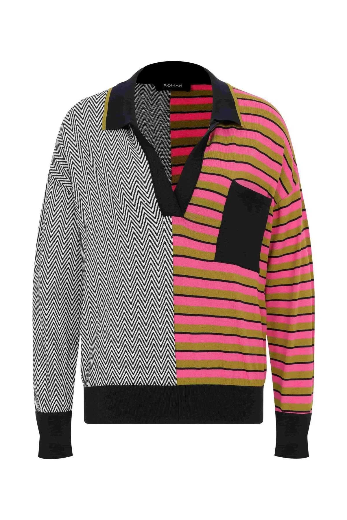  V Yakalı Cepli Triko Standart Renk - 4