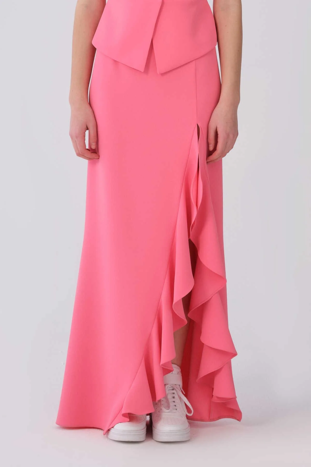 Volan Detaylı Asimetrik Uzun Etek Pembe - 1