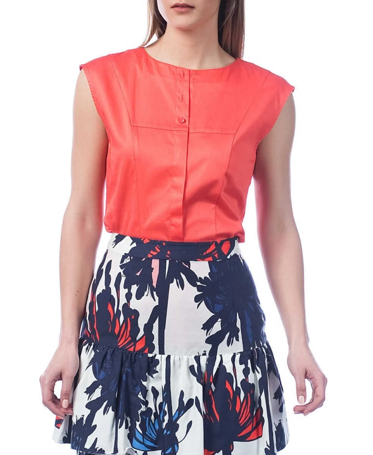 Düğmeli Kolsuz Gömlek Mercan - 1