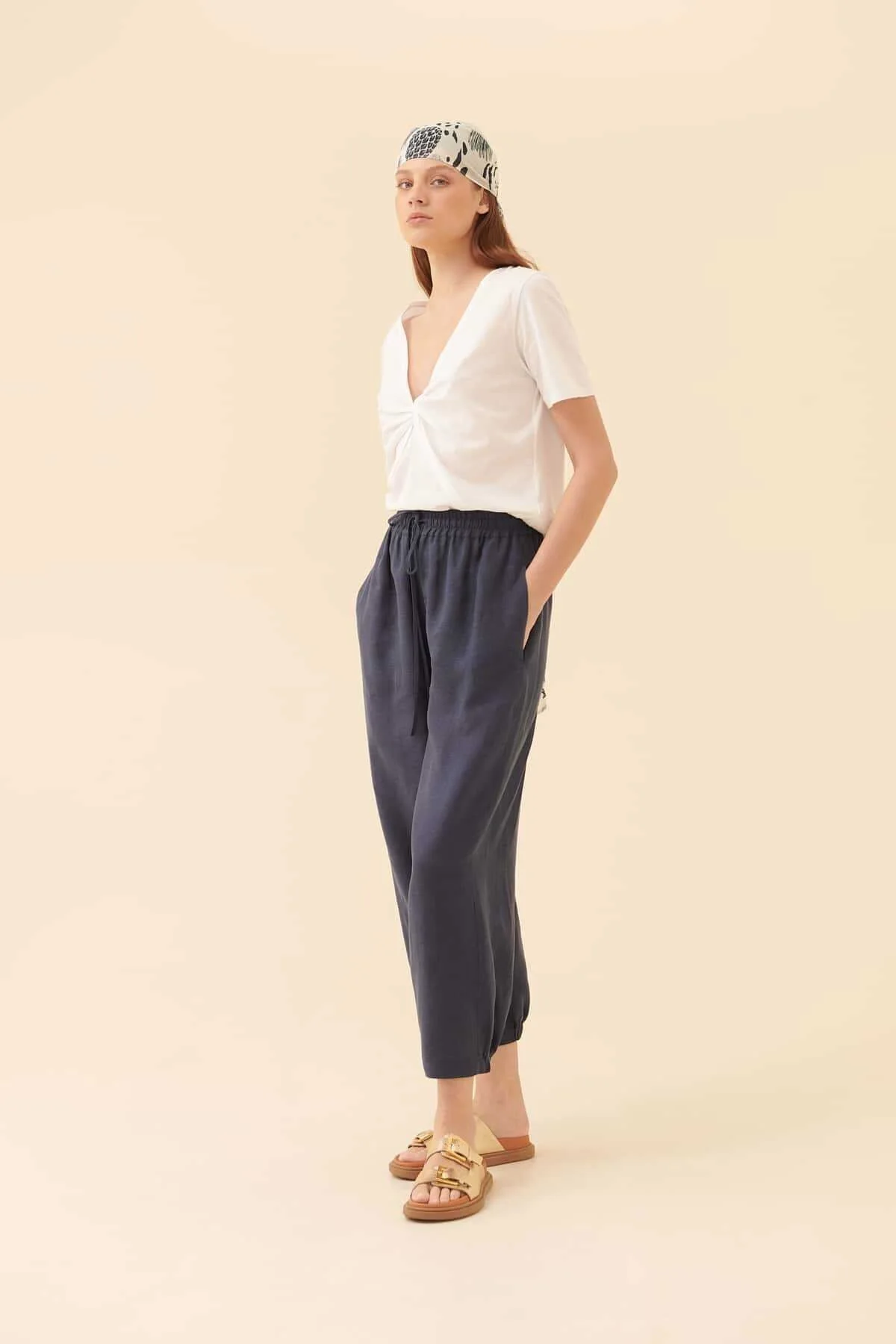 Beli Bağlamalı Kısa Paça Pantolon Lacivert - 3