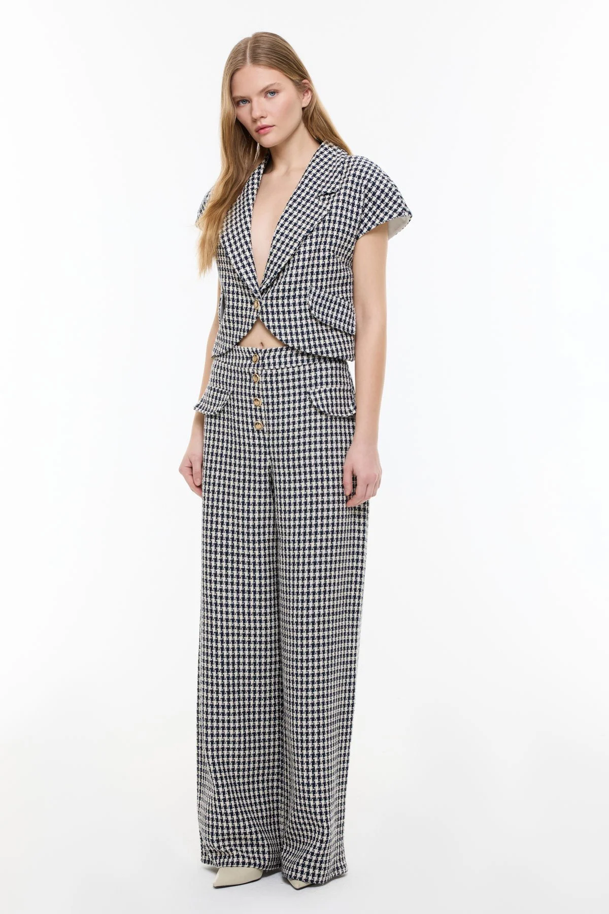 Kazayağı Desenli Geniş Paça Pantolon Lacivert - Beyaz - 1