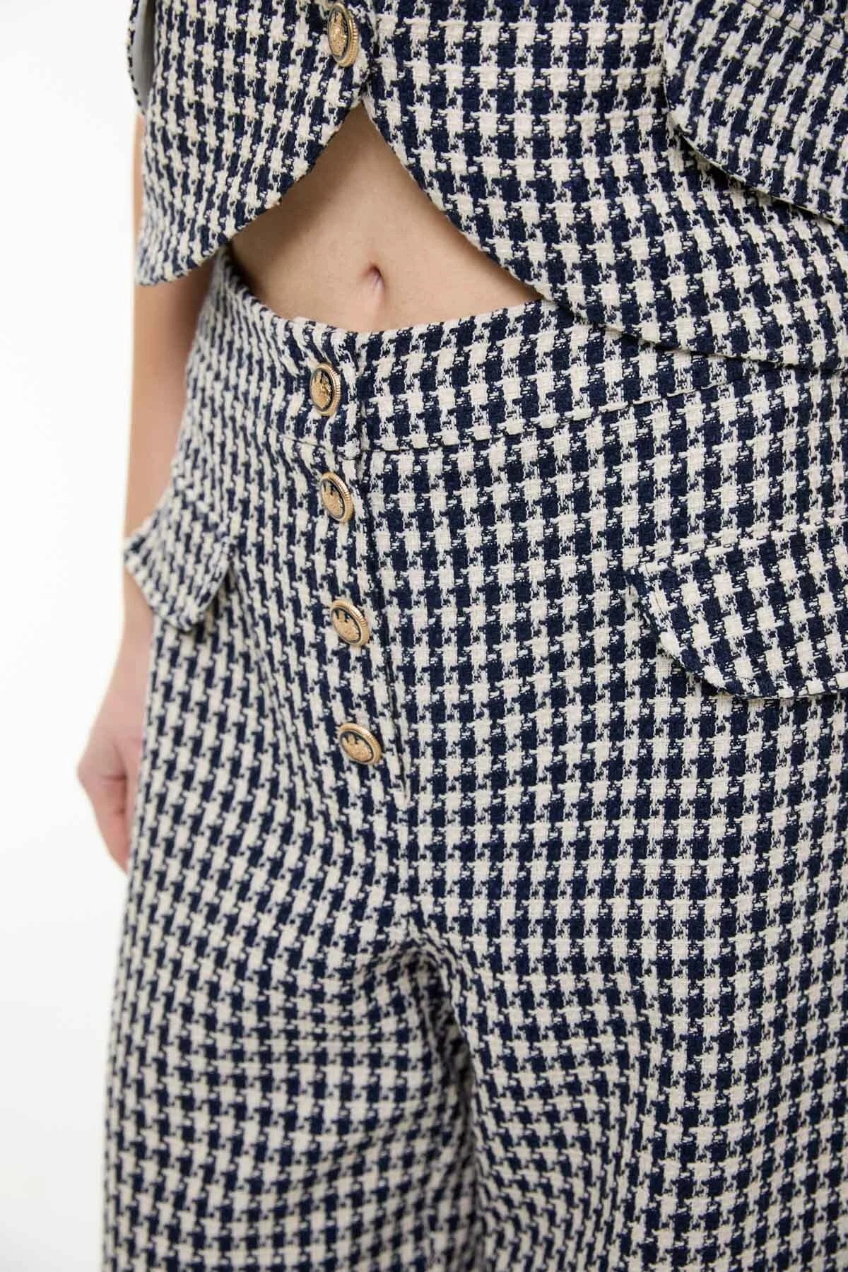 Kazayağı Desenli Geniş Paça Pantolon Lacivert - Beyaz - 3