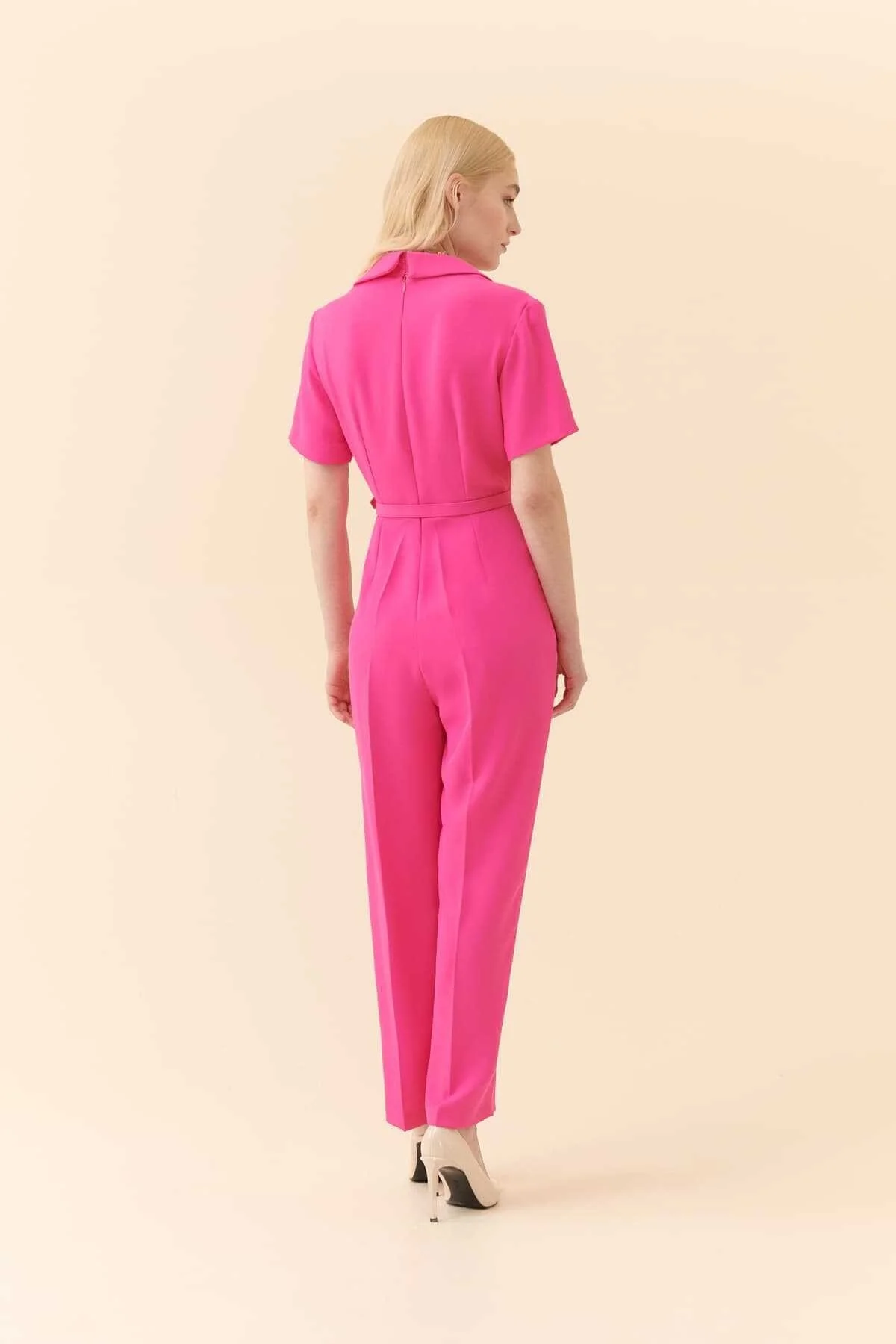 Kemerli Kısa Kollu Tulum Fuşya - 2