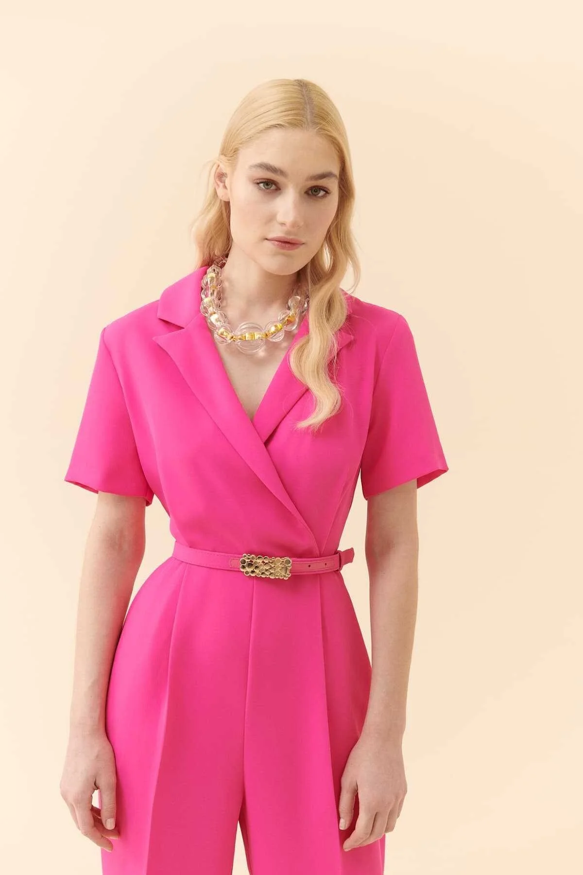 Kemerli Kısa Kollu Tulum Fuşya - 4