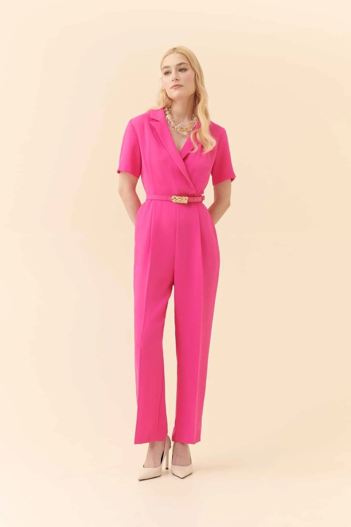 Kemerli Kısa Kollu Tulum Fuşya - 1