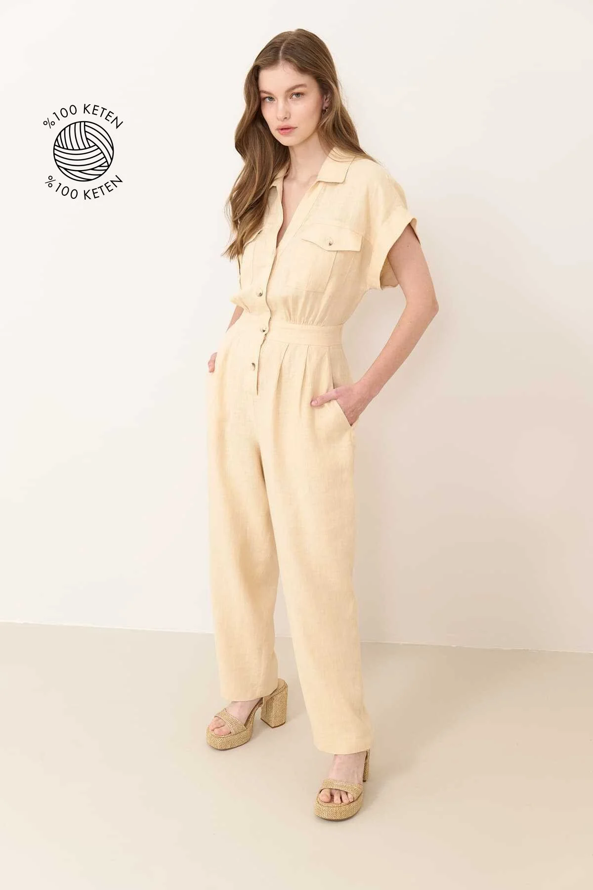 Cepli Kısa Kol Tulum Naturel - 1