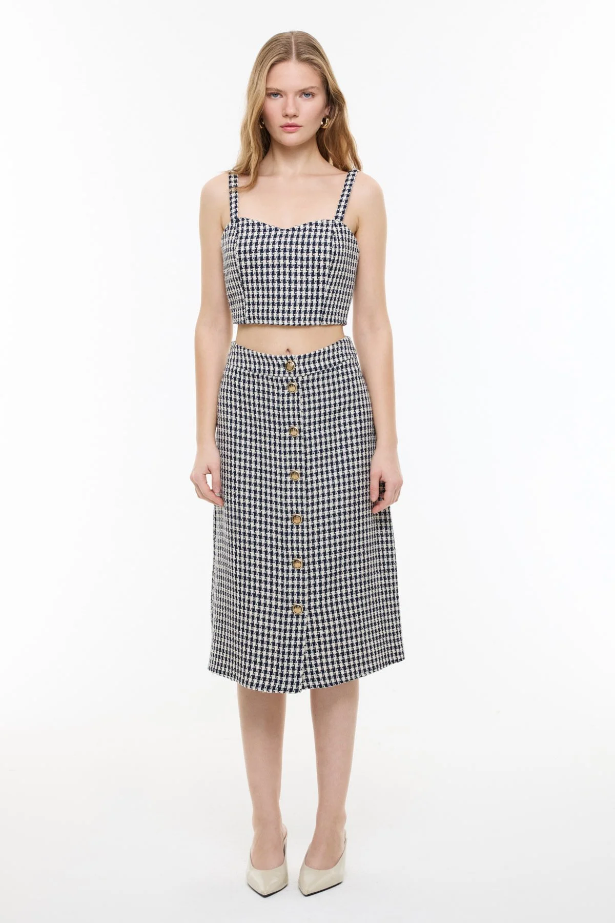 Kazayağı Desenli Midi Boy Etek Lacivert - Beyaz - 1