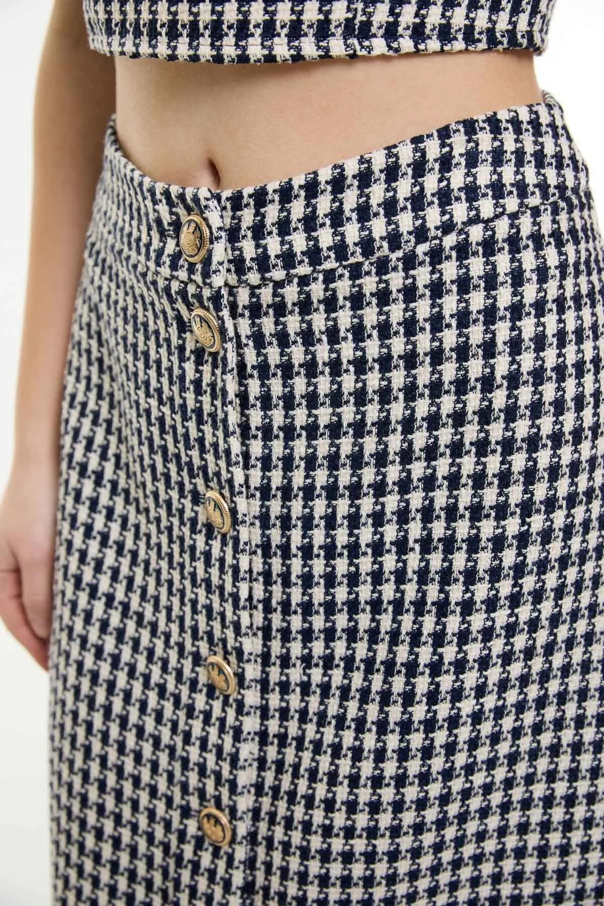 Kazayağı Desenli Midi Boy Etek Lacivert - Beyaz - 4