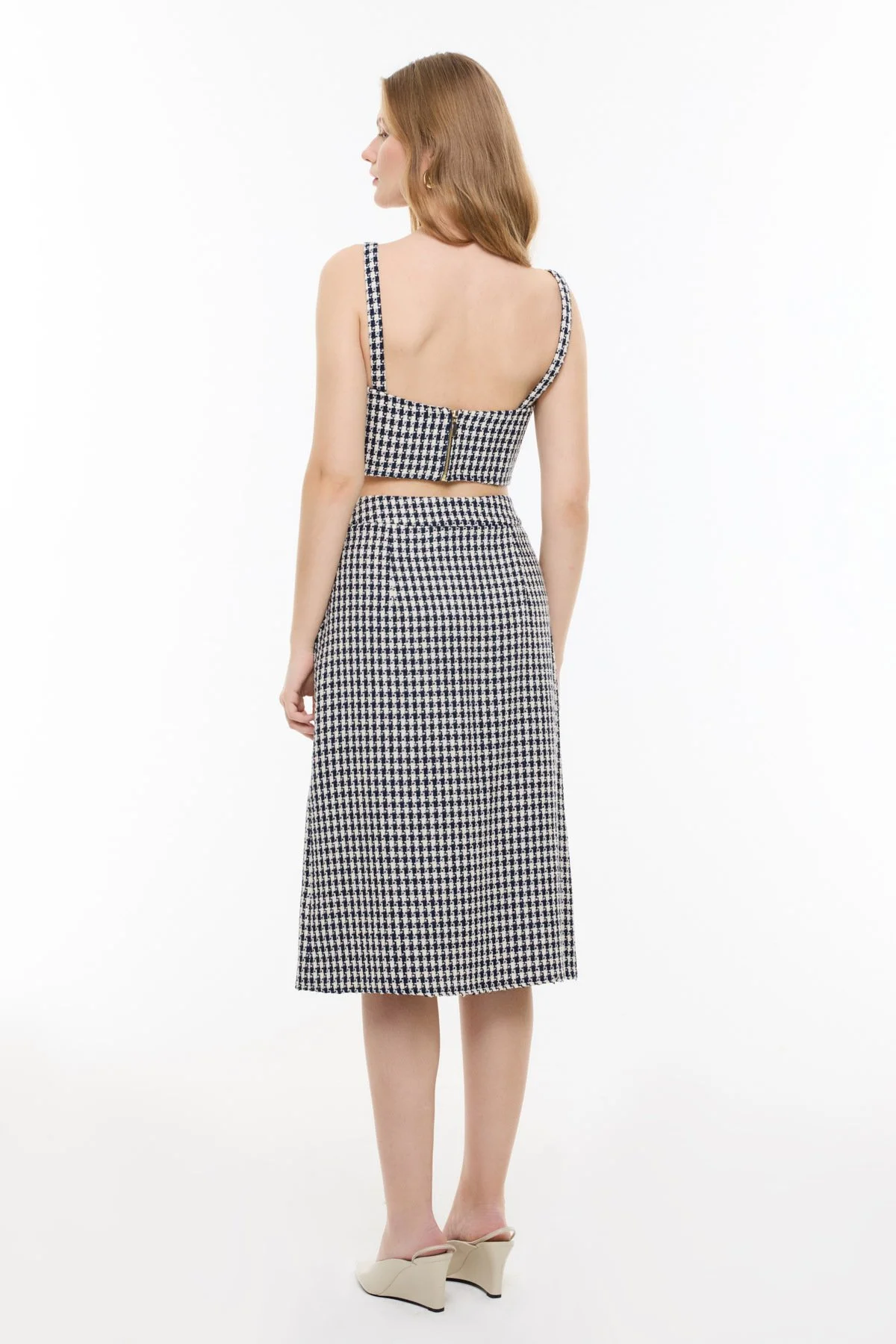 Kazayağı Desenli Midi Boy Etek Lacivert - Beyaz - 2