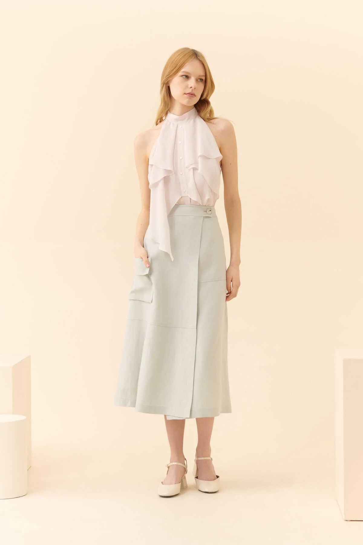 Midi Boy Yanı Cepli Etek Gri - 1