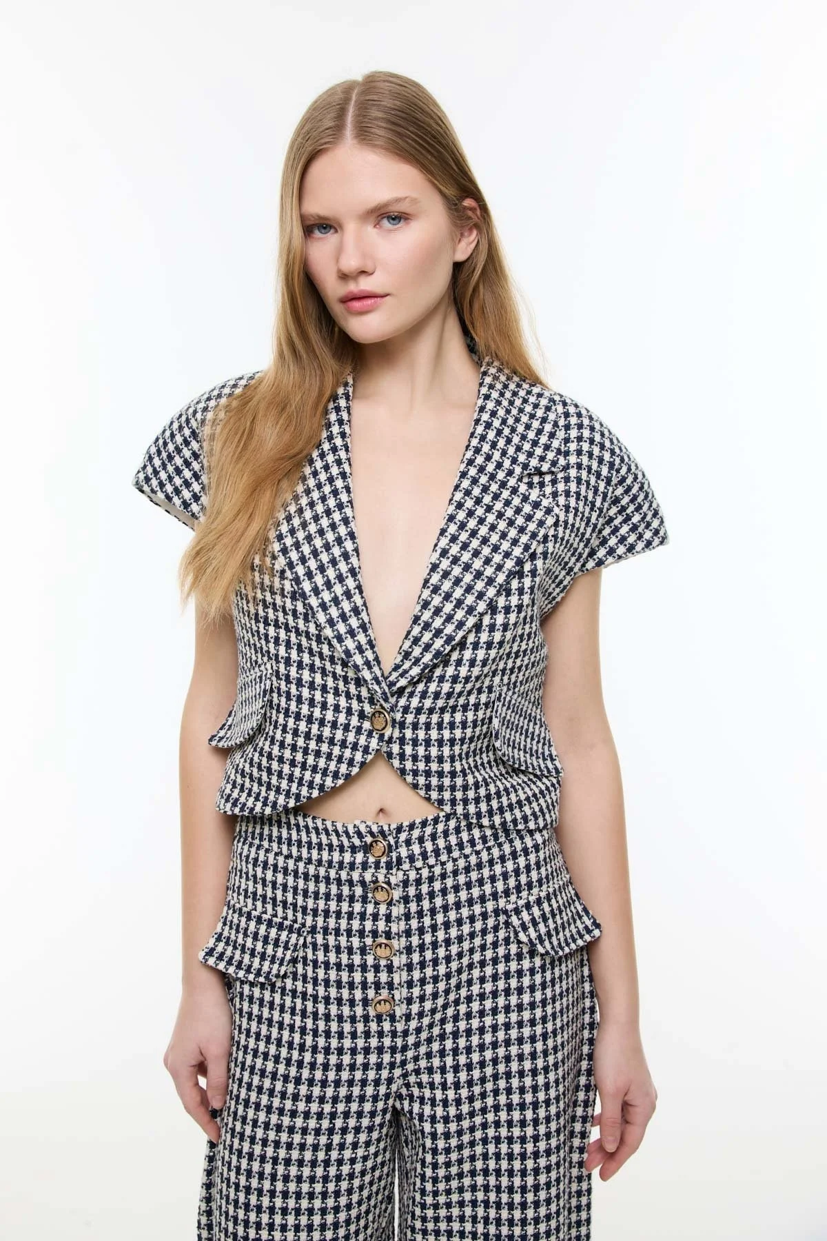 Kazayağı Desenli Tek Düğmeli Ceket Lacivert - Beyaz - 1