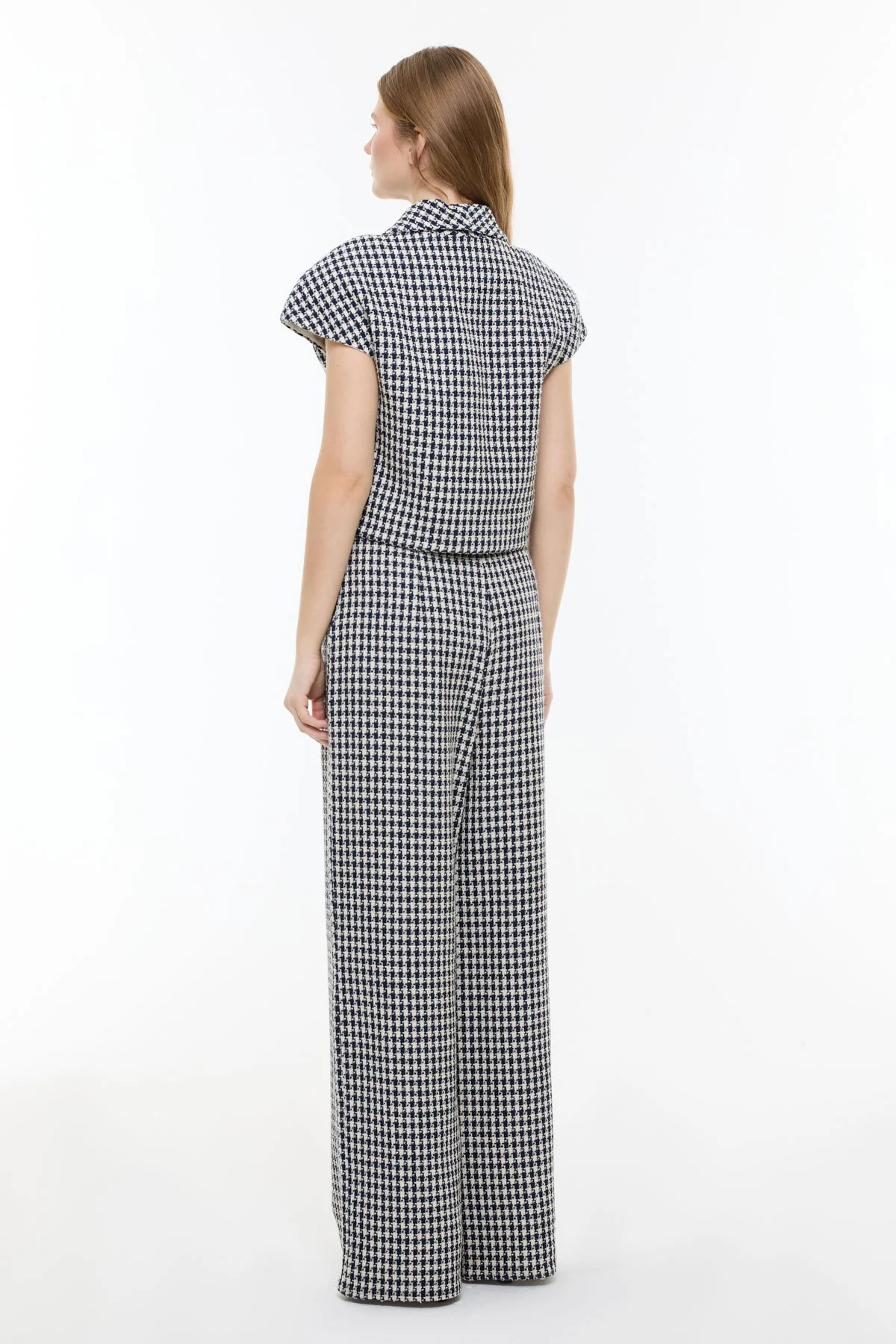 Kazayağı Desenli Tek Düğmeli Ceket Lacivert - Beyaz - 2